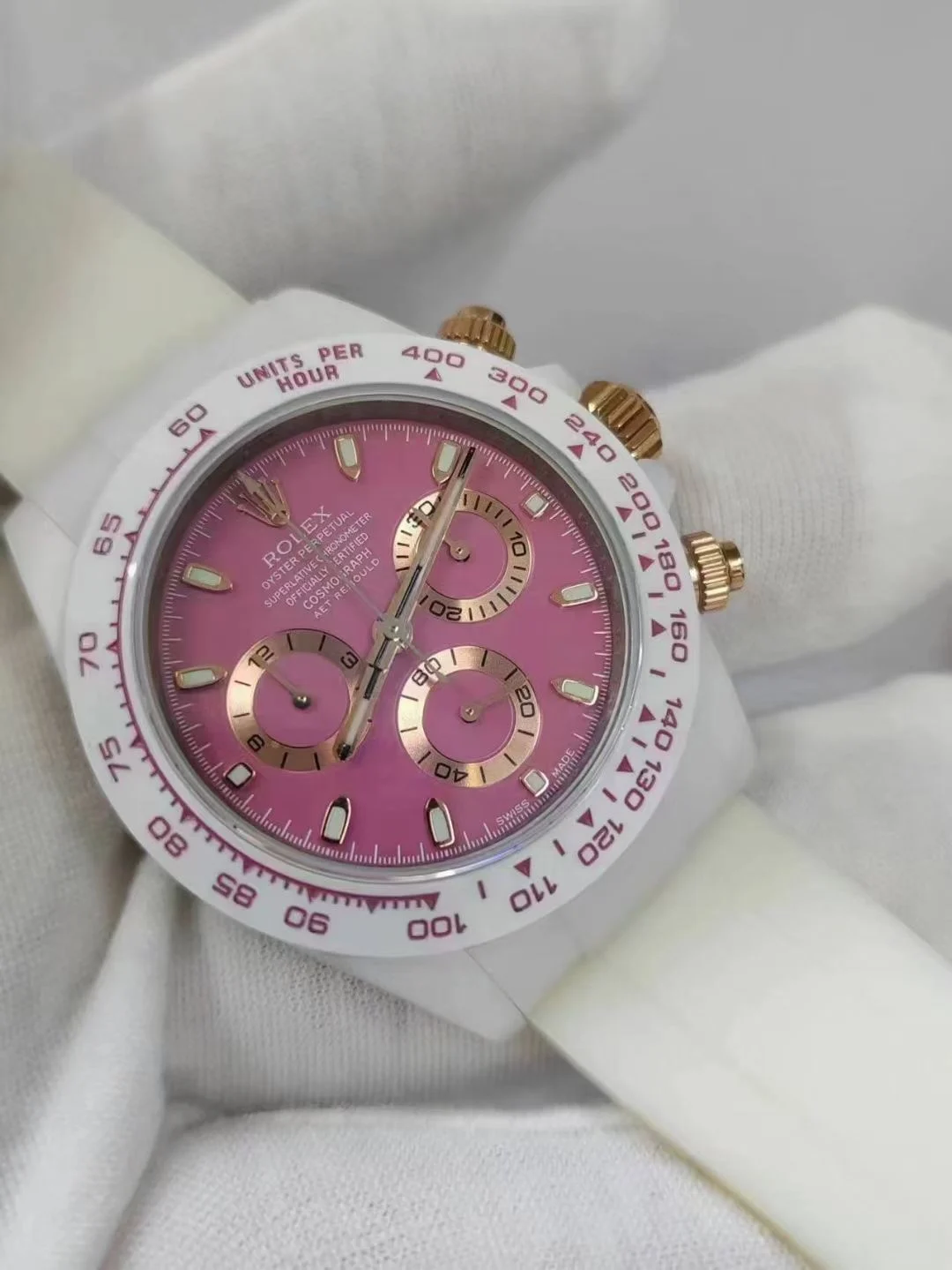 Rolex Daytona Ceramic Pink Dial — photographed off the sweep