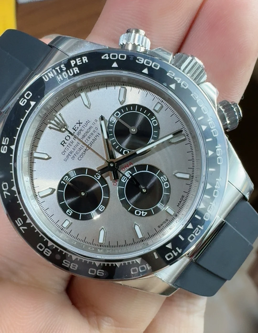 Rolex Daytona Grey Dial — photographed off the sweep