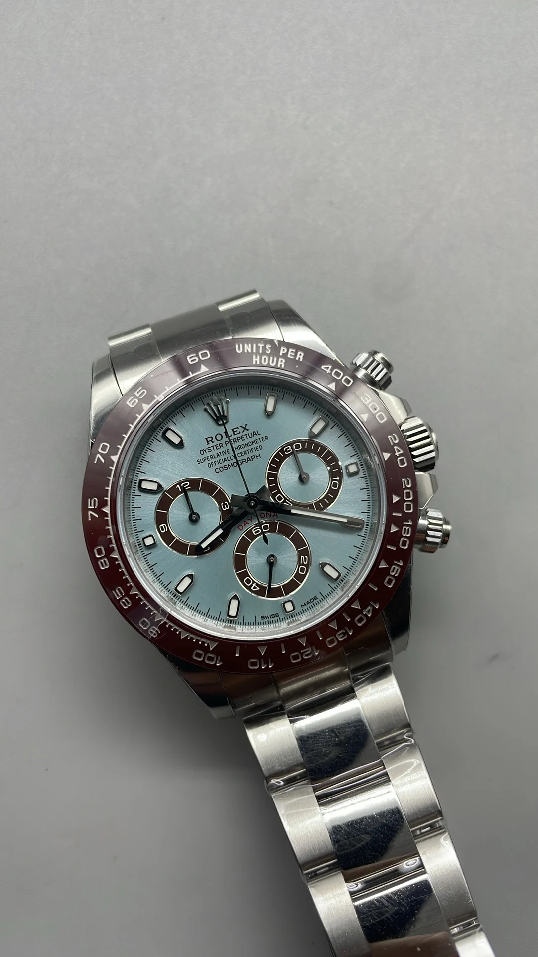 Rolex Daytona Ice Blue Blue Dial — photographed off the sweep