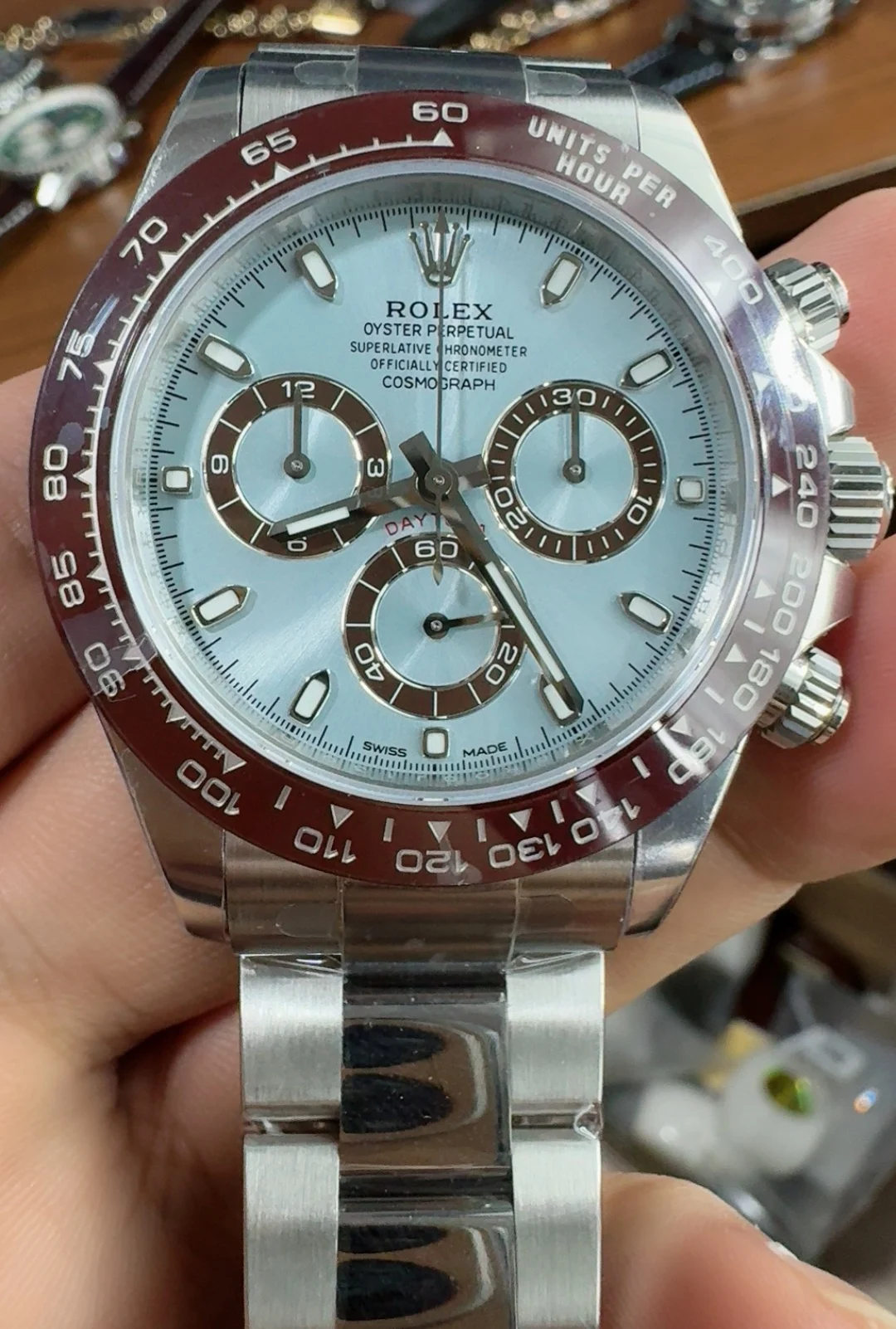 Rolex Daytona Ice Blue Blue Dial — photographed off the sweep