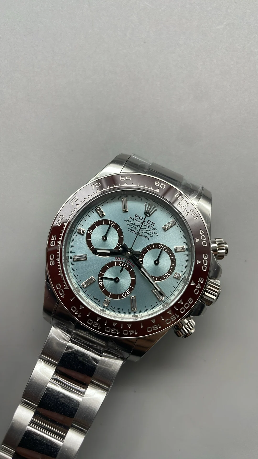 Rolex Daytona Ice Blue Blue Dial Diamond-Set — photographed off the sweep