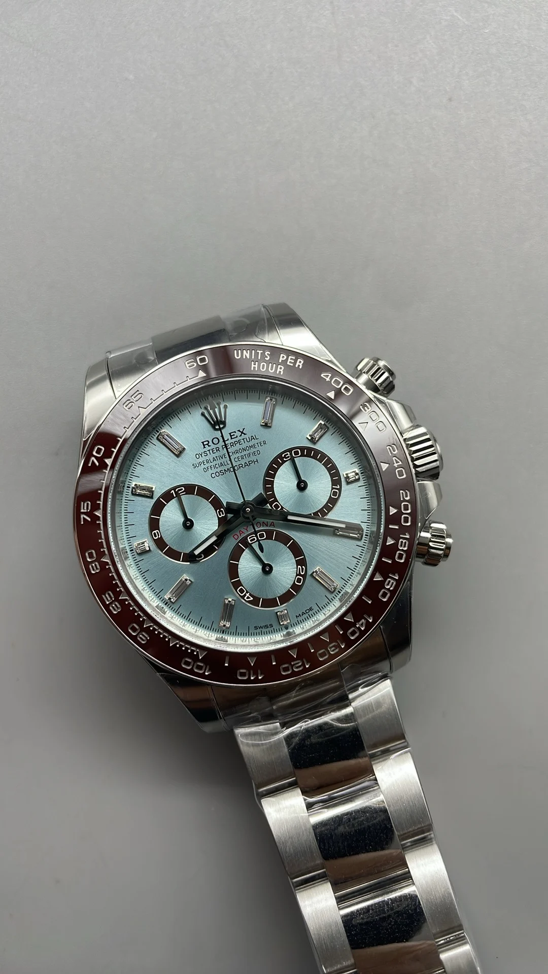 Rolex Daytona Ice Blue Blue Dial Diamond-Set — photographed off the sweep