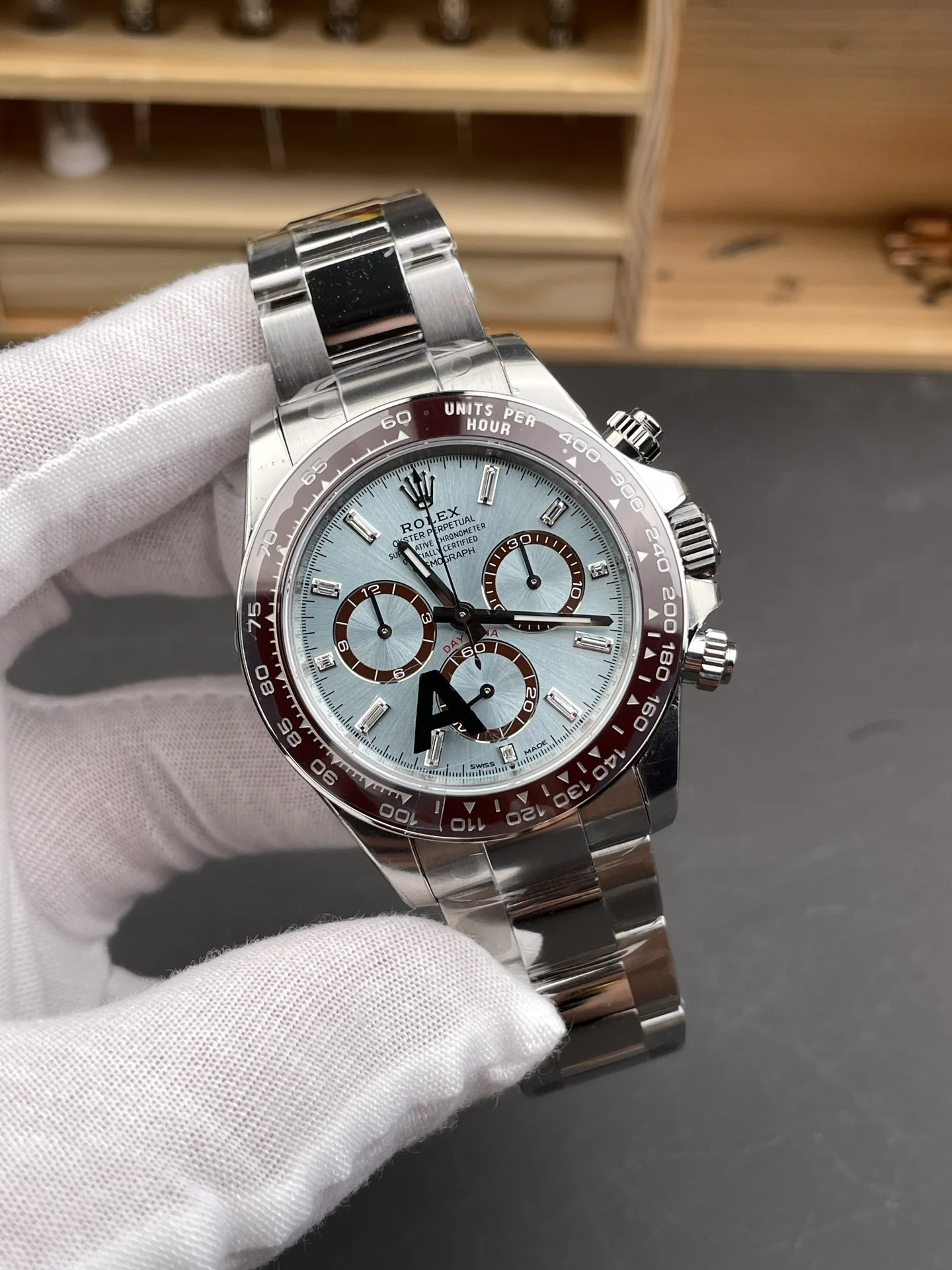 Rolex Daytona Ice Blue Blue Dial Diamond-Set 40mm — photographed off the sweep