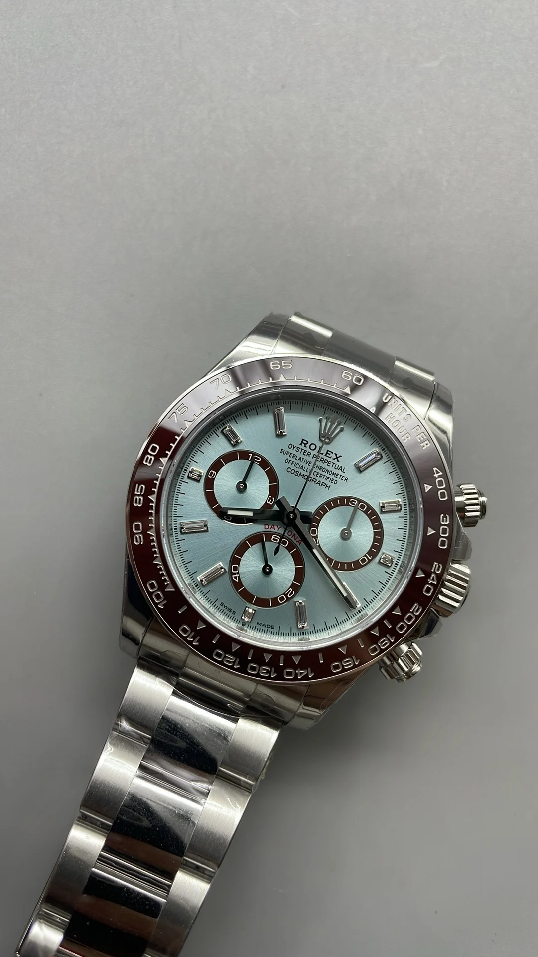 Rolex Daytona Ice Blue Blue Dial Diamond-Set — photographed off the sweep