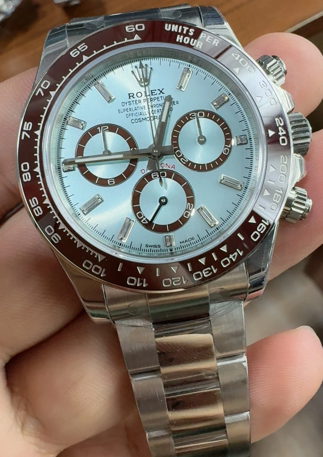 Rolex Daytona Ice Blue Blue Dial Diamond-Set — photographed off the sweep