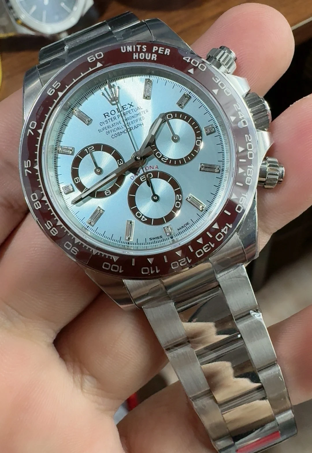 Rolex Daytona Ice Blue Blue Dial — photographed off the sweep