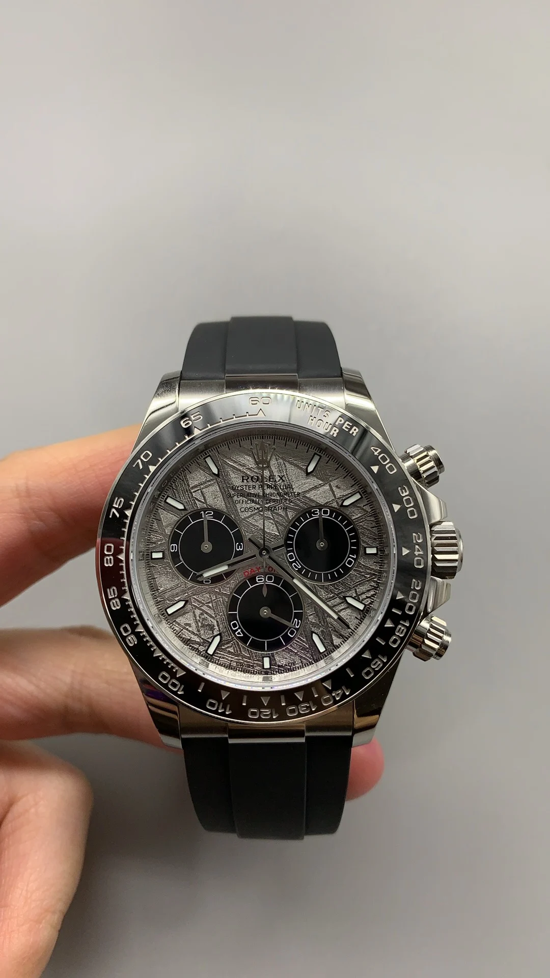 Rolex Daytona Meteorite Grey Dial — photographed off the sweep