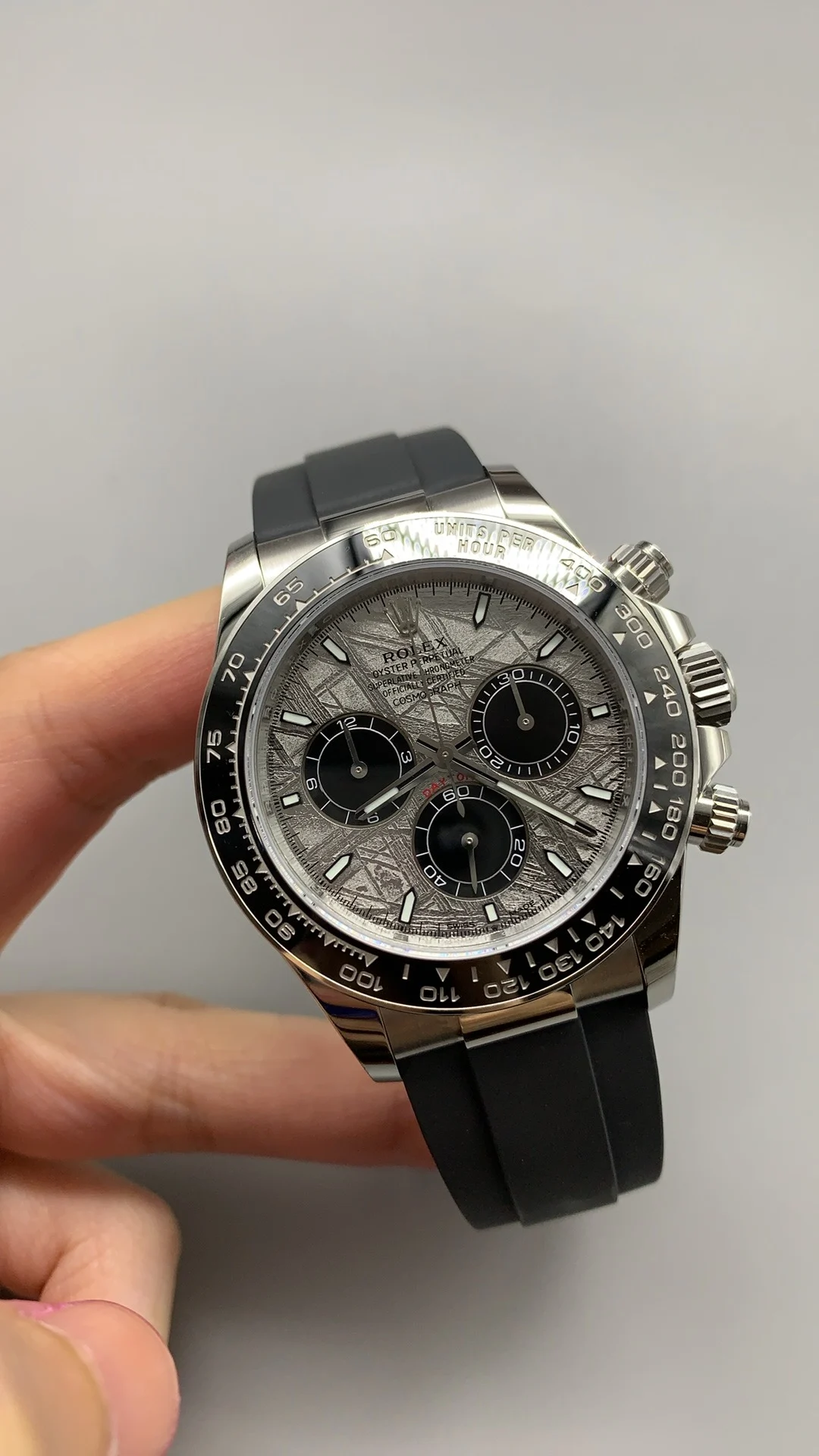 Rolex Daytona Meteorite Grey Dial — photographed off the sweep