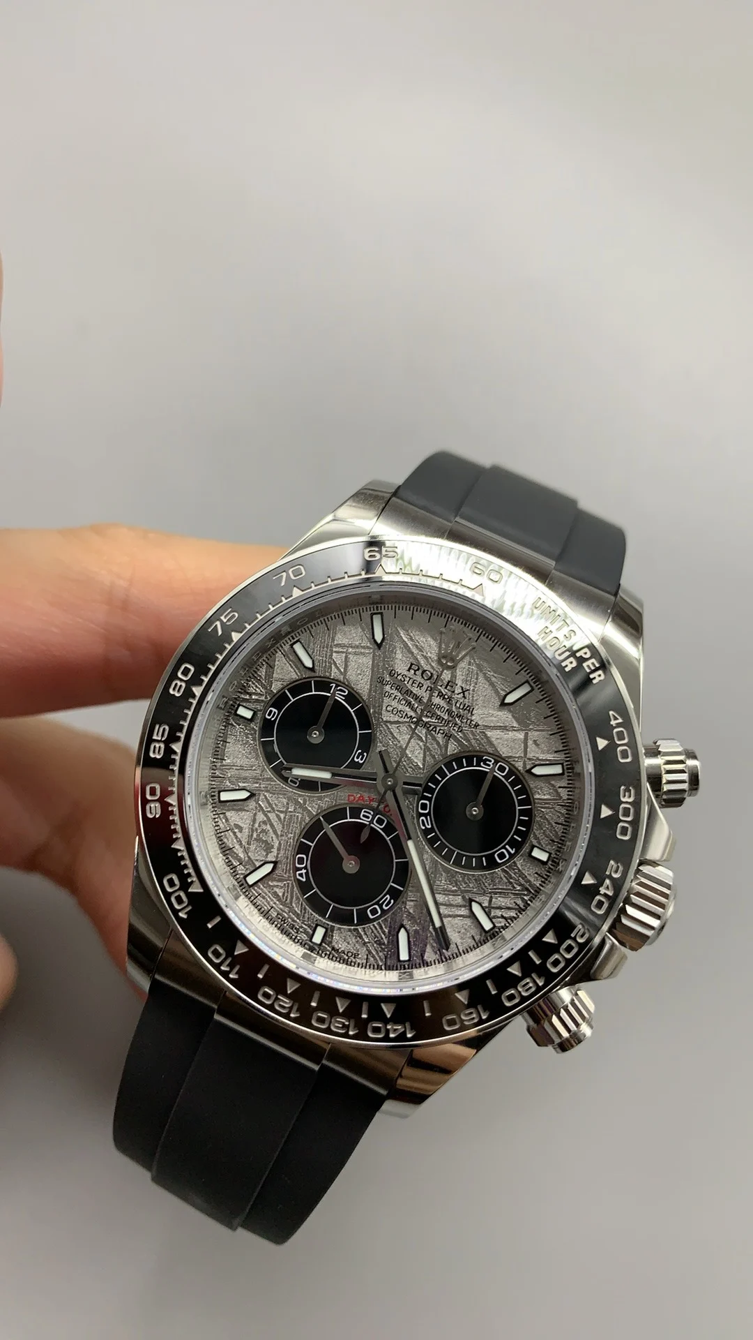 Rolex Daytona Meteorite Grey Dial — photographed off the sweep