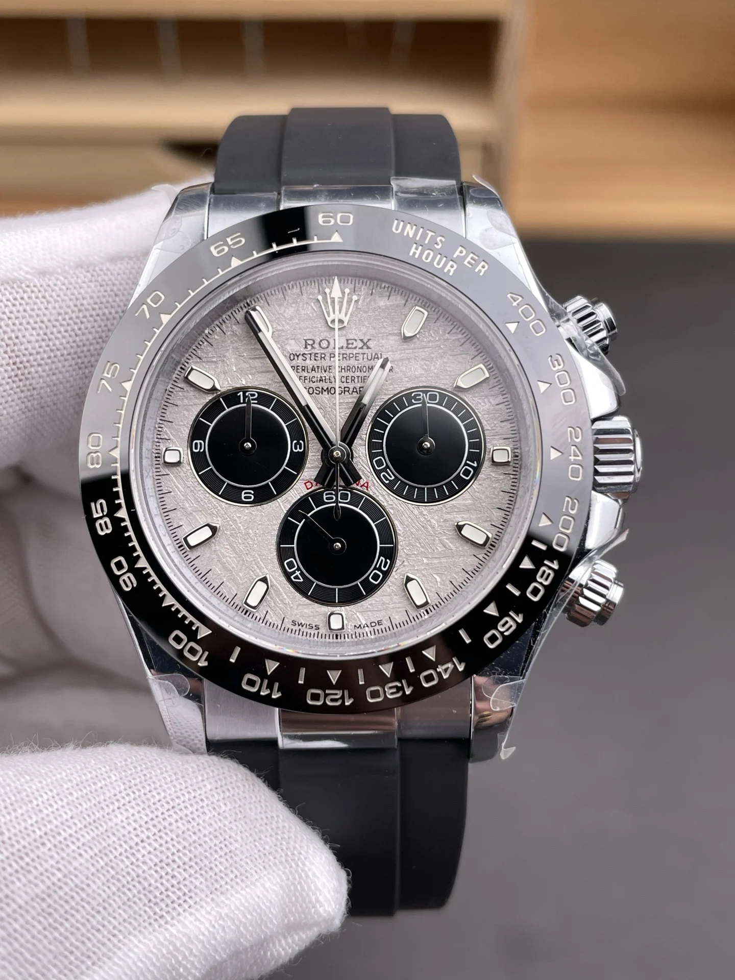 Rolex Daytona Meteorite White Dial — photographed off the sweep