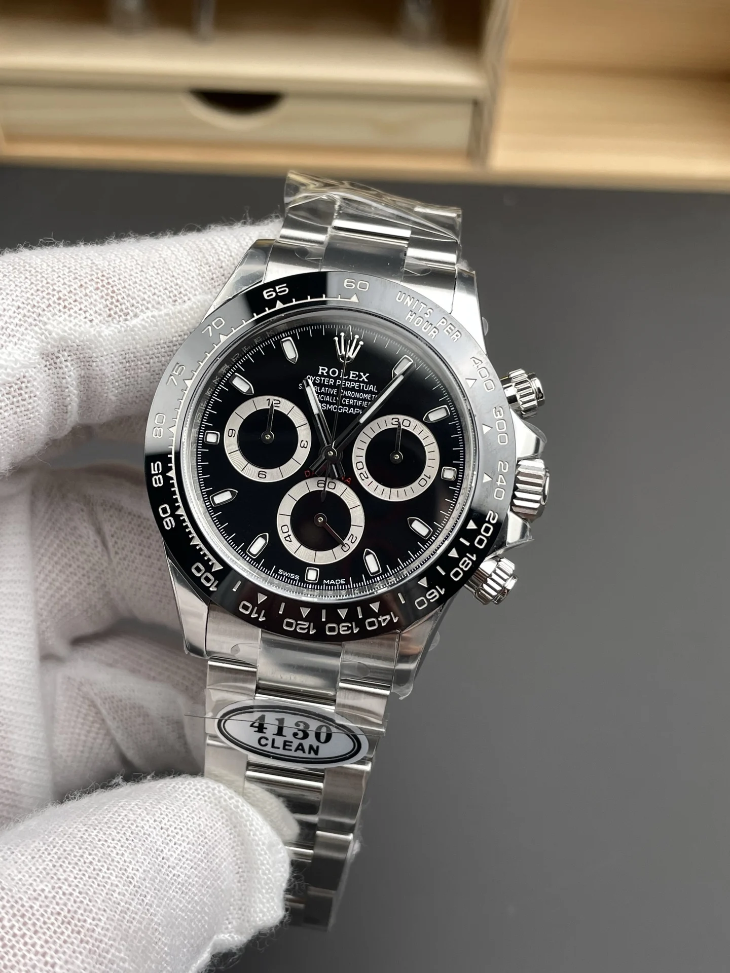 Rolex Daytona Panda Ceramic Black Dial 40mm — photographed off the sweep