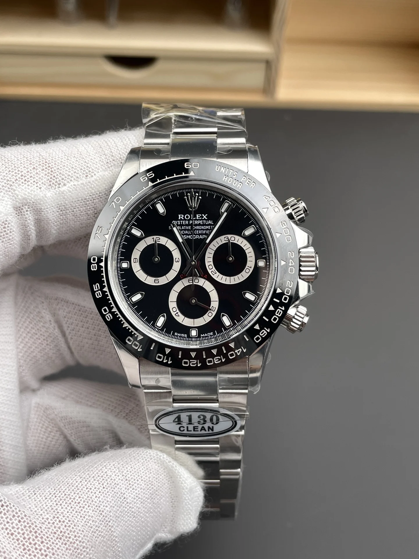 Rolex Daytona Panda Ceramic Black Dial 40mm — photographed off the sweep