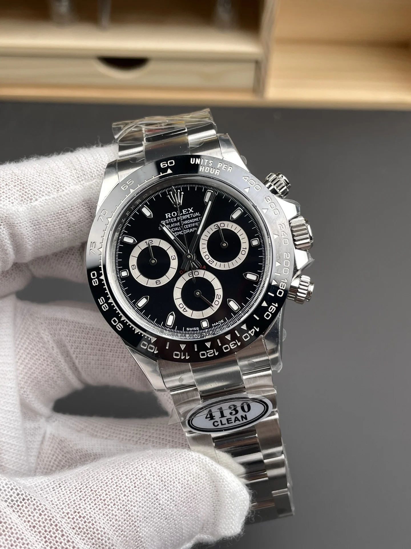 Rolex Daytona Panda Ceramic Black Dial 40mm — photographed off the sweep