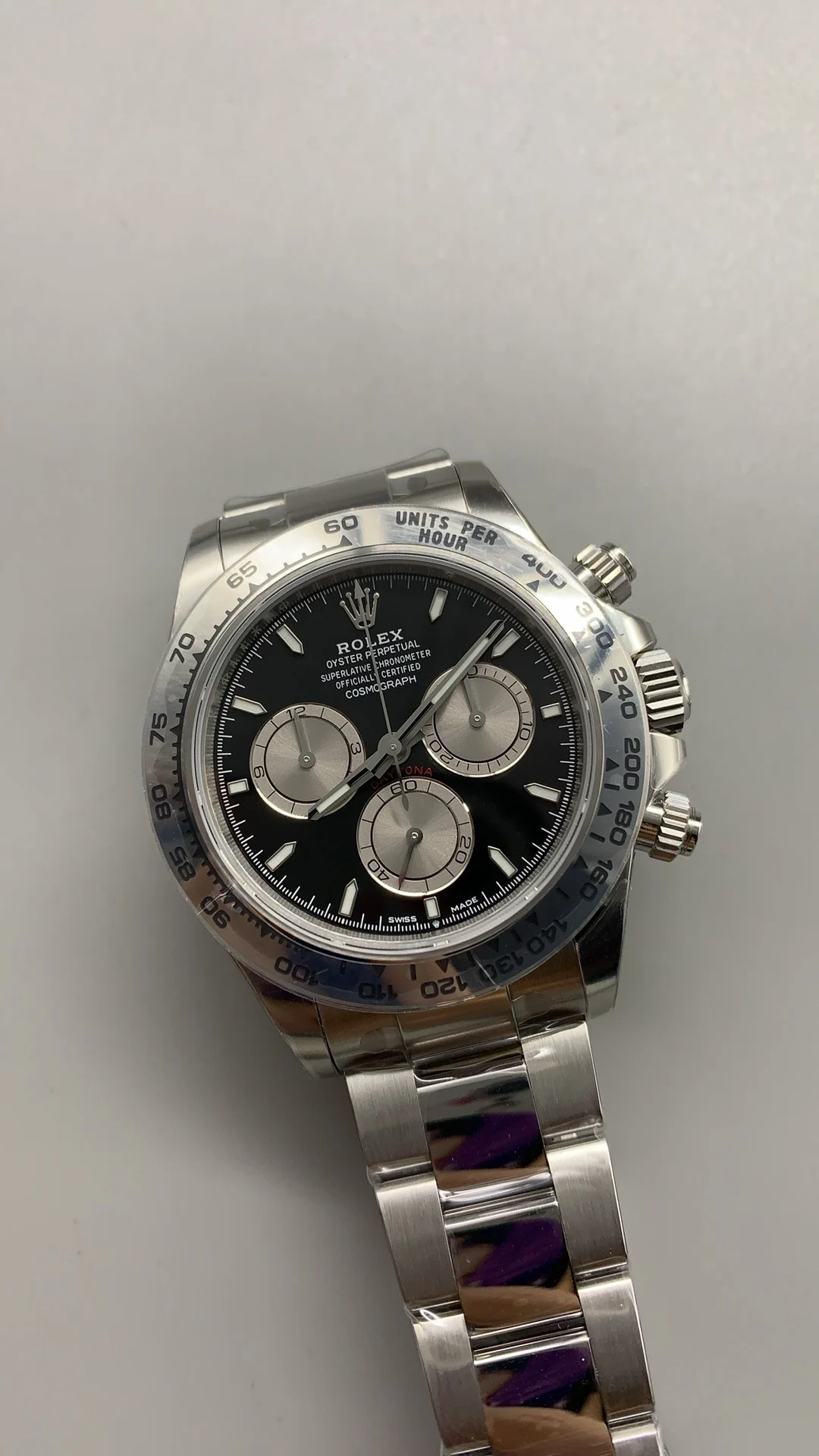 Rolex Daytona Platinum Black Dial — photographed off the sweep