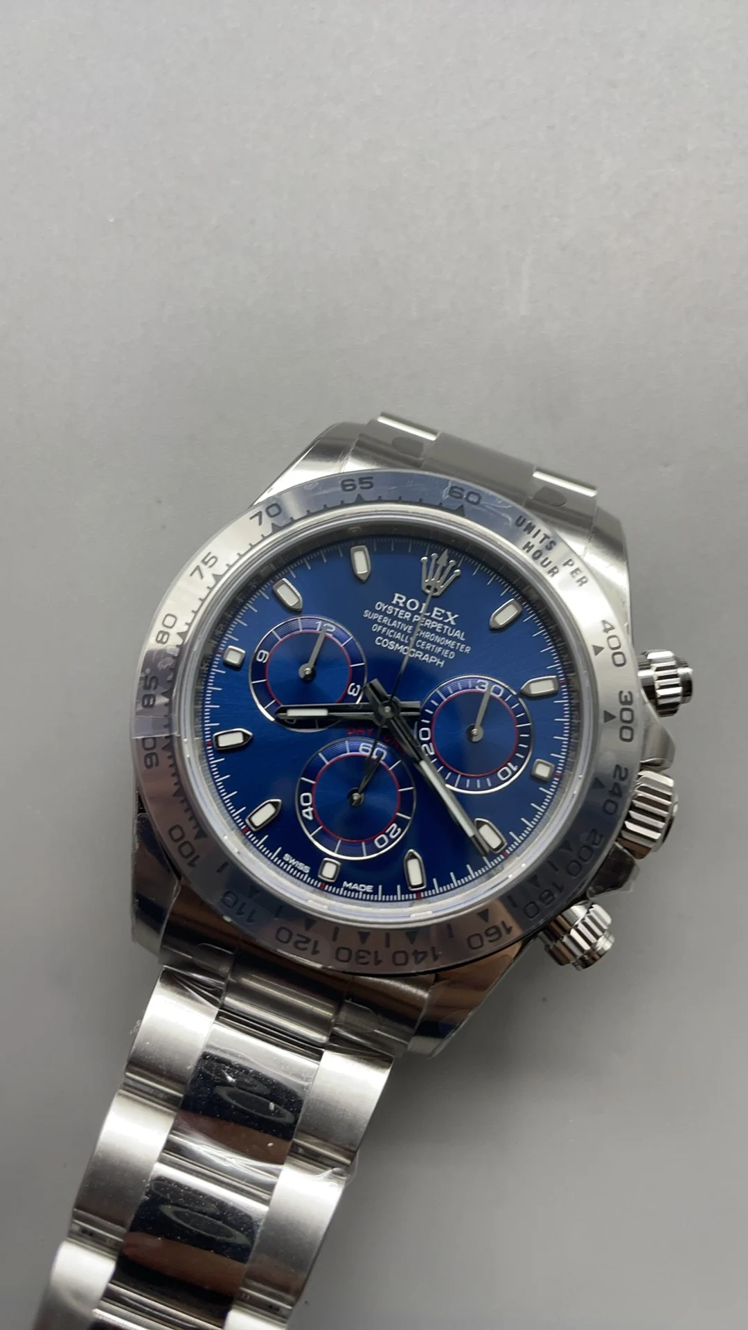 Rolex Daytona Platinum Blue Dial — photographed off the sweep