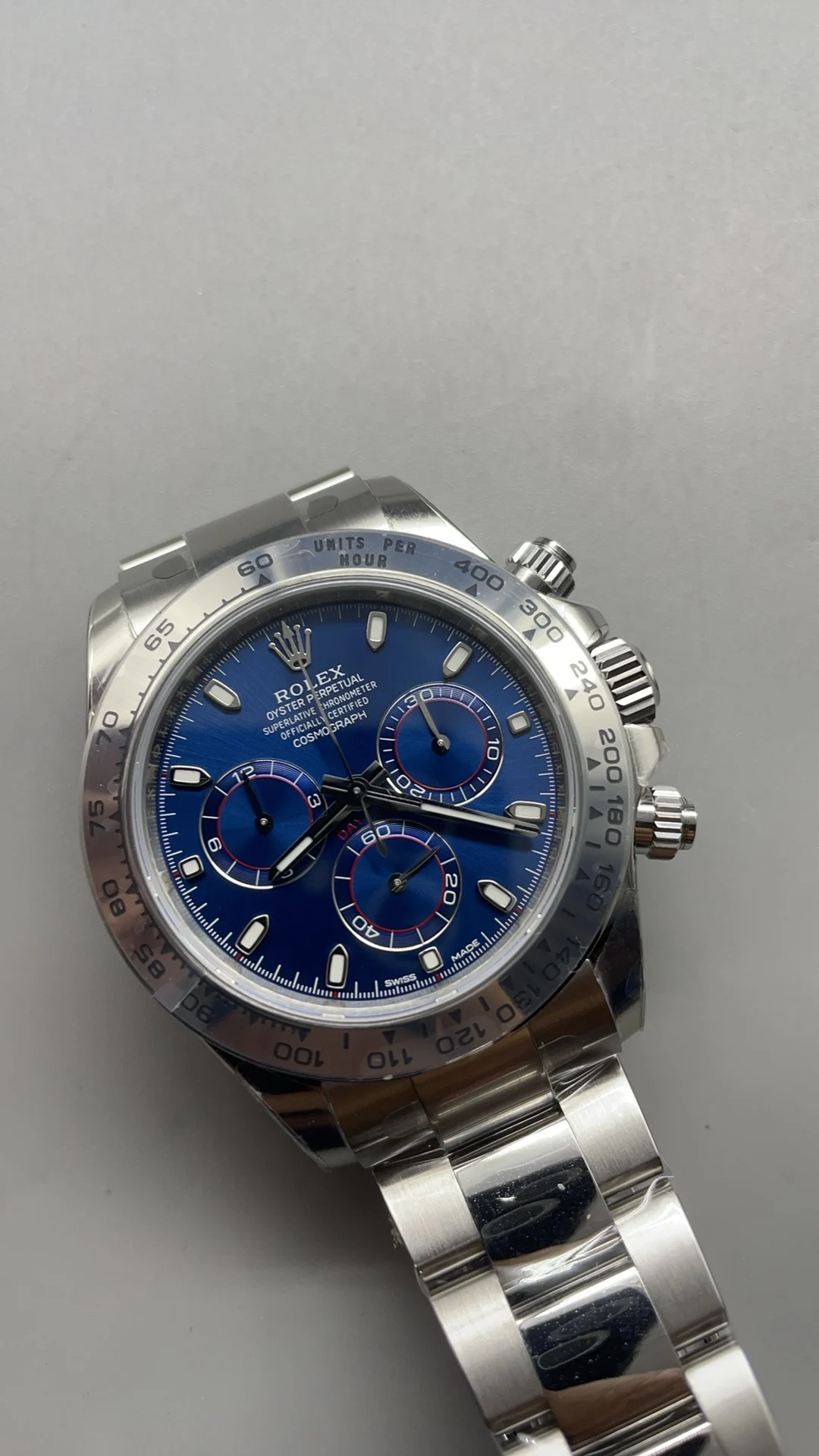 Rolex Daytona Platinum Blue Dial — photographed off the sweep