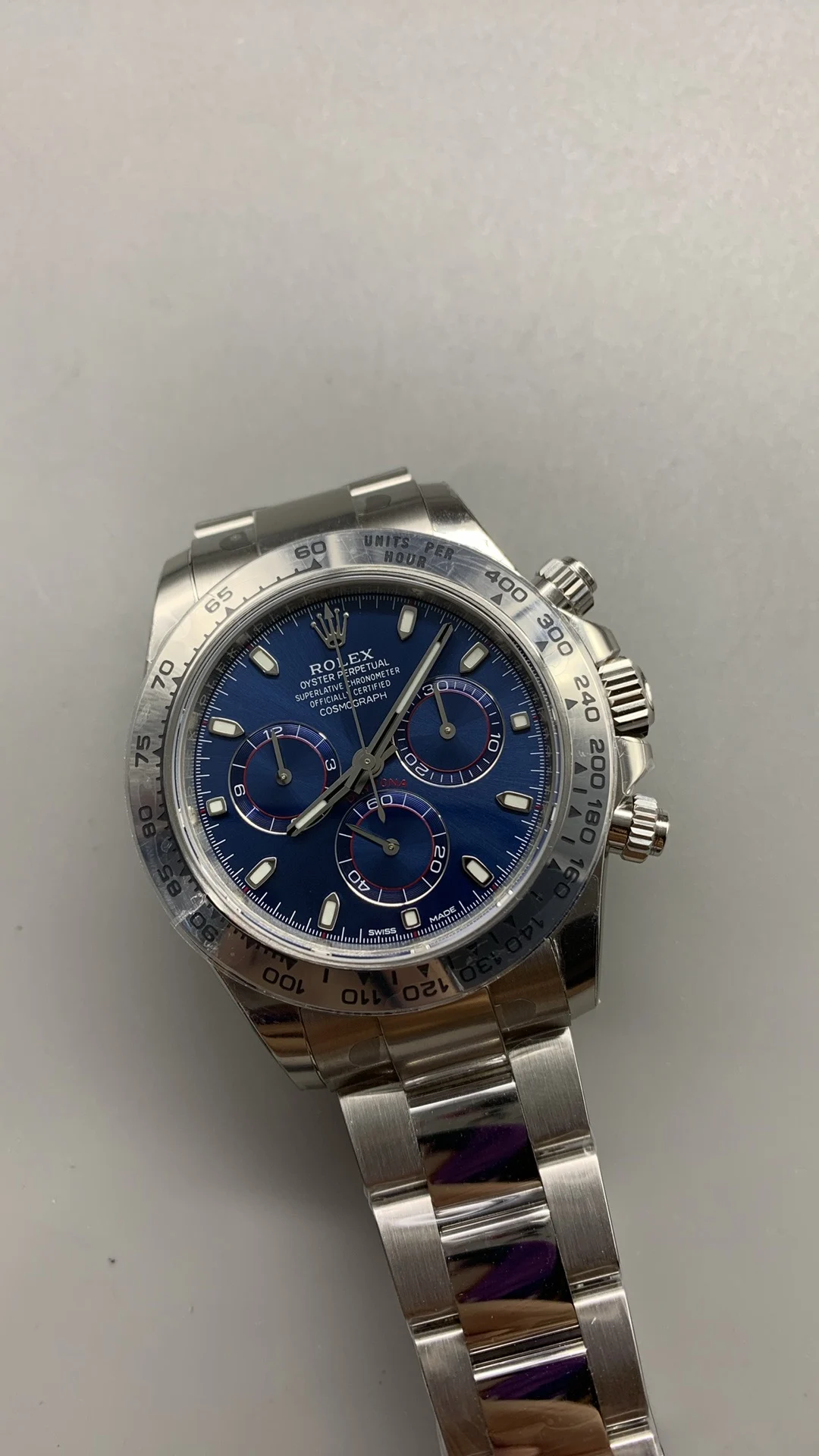 Rolex Daytona Platinum Blue Dial — photographed off the sweep