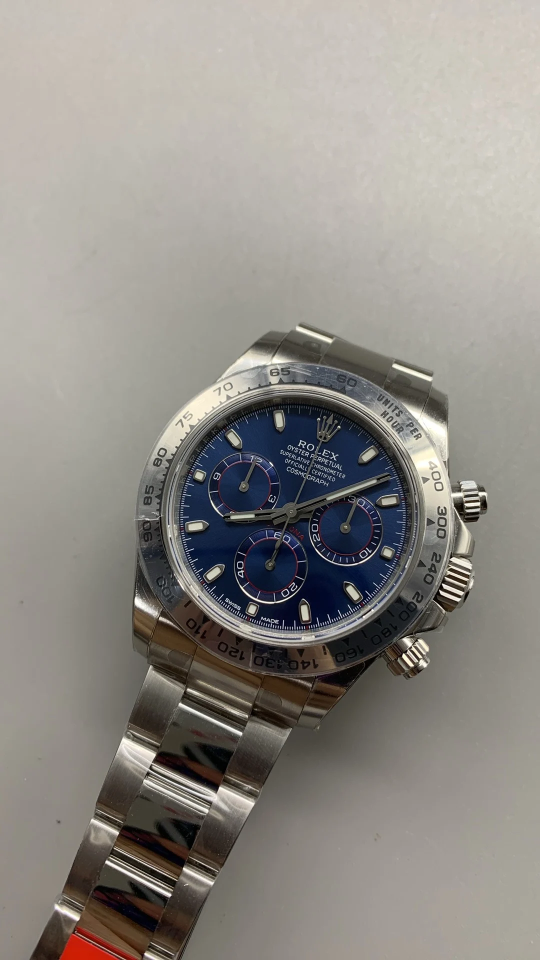Rolex Daytona Platinum Blue Dial — photographed off the sweep