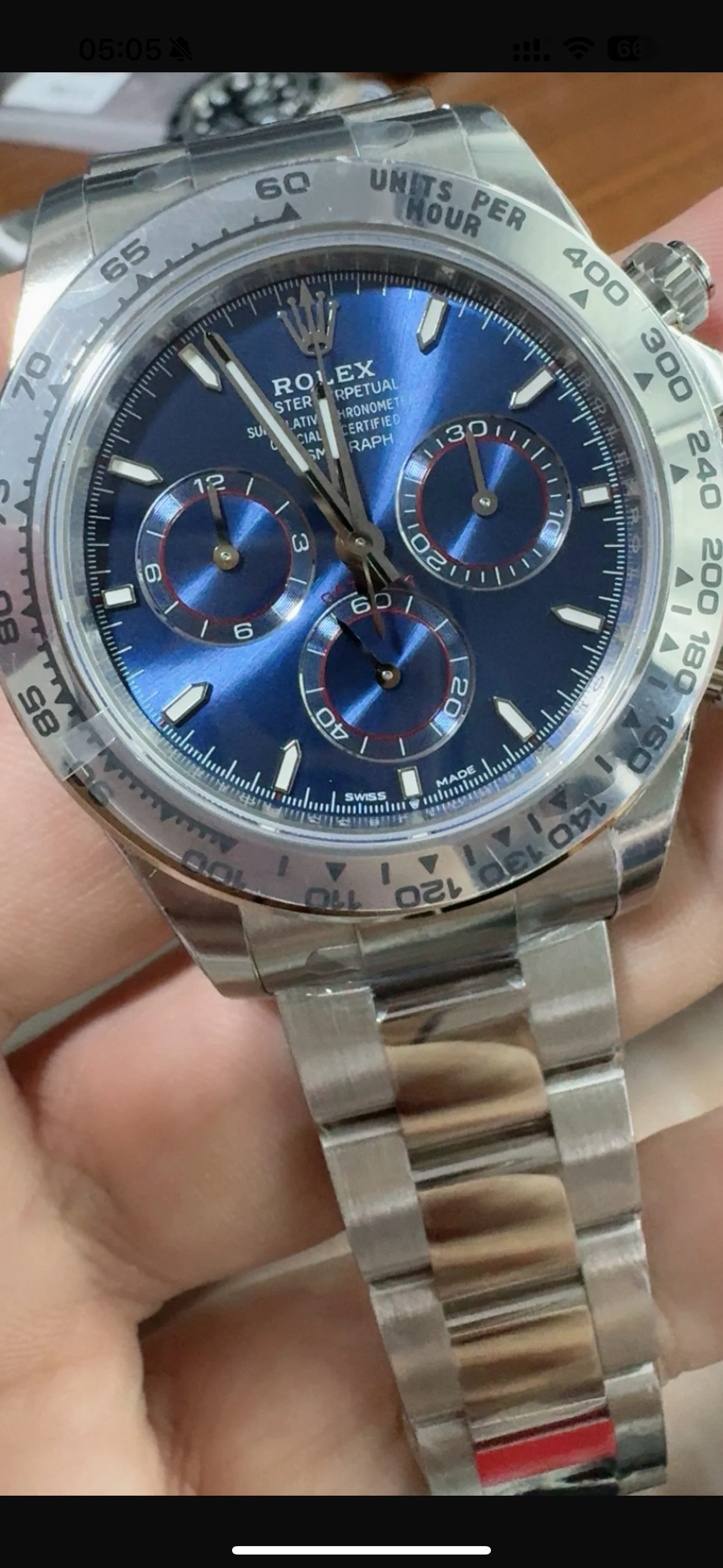 Rolex Daytona Platinum Blue Dial — photographed off the sweep