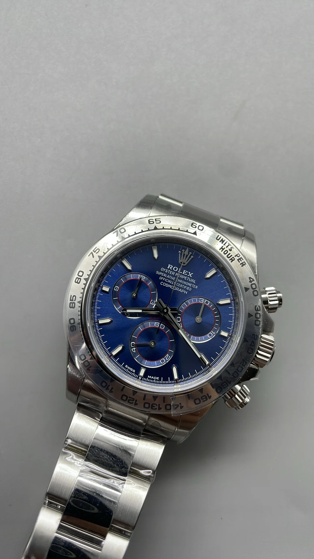 Rolex Daytona Platinum Blue Dial — photographed off the sweep