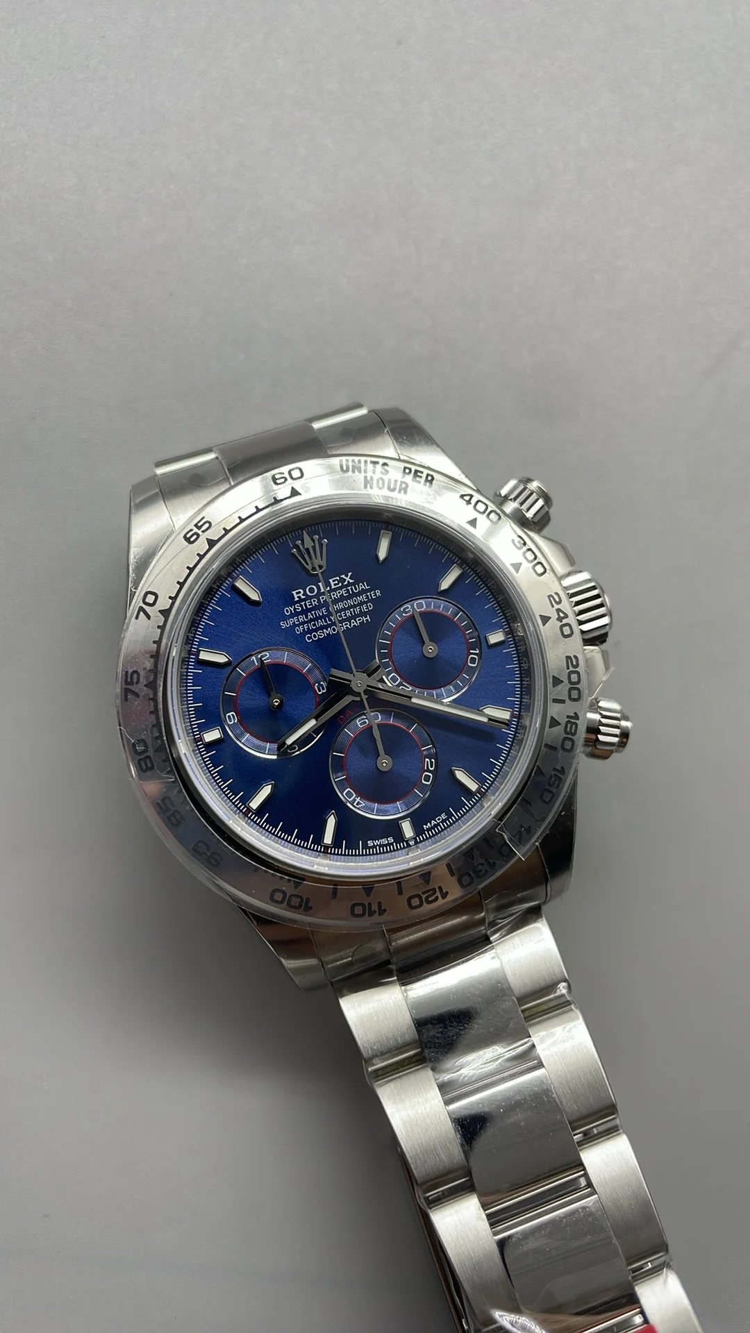 Rolex Daytona Platinum Blue Dial — photographed off the sweep