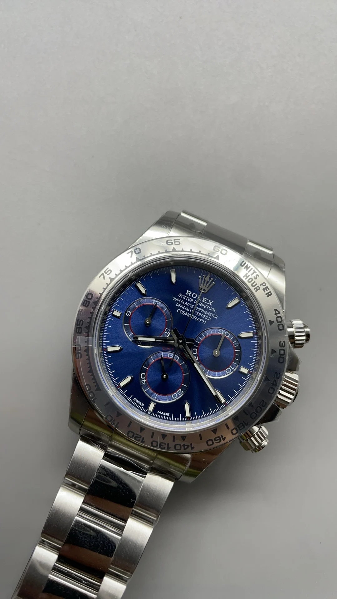 Rolex Daytona Platinum Blue Dial — photographed off the sweep
