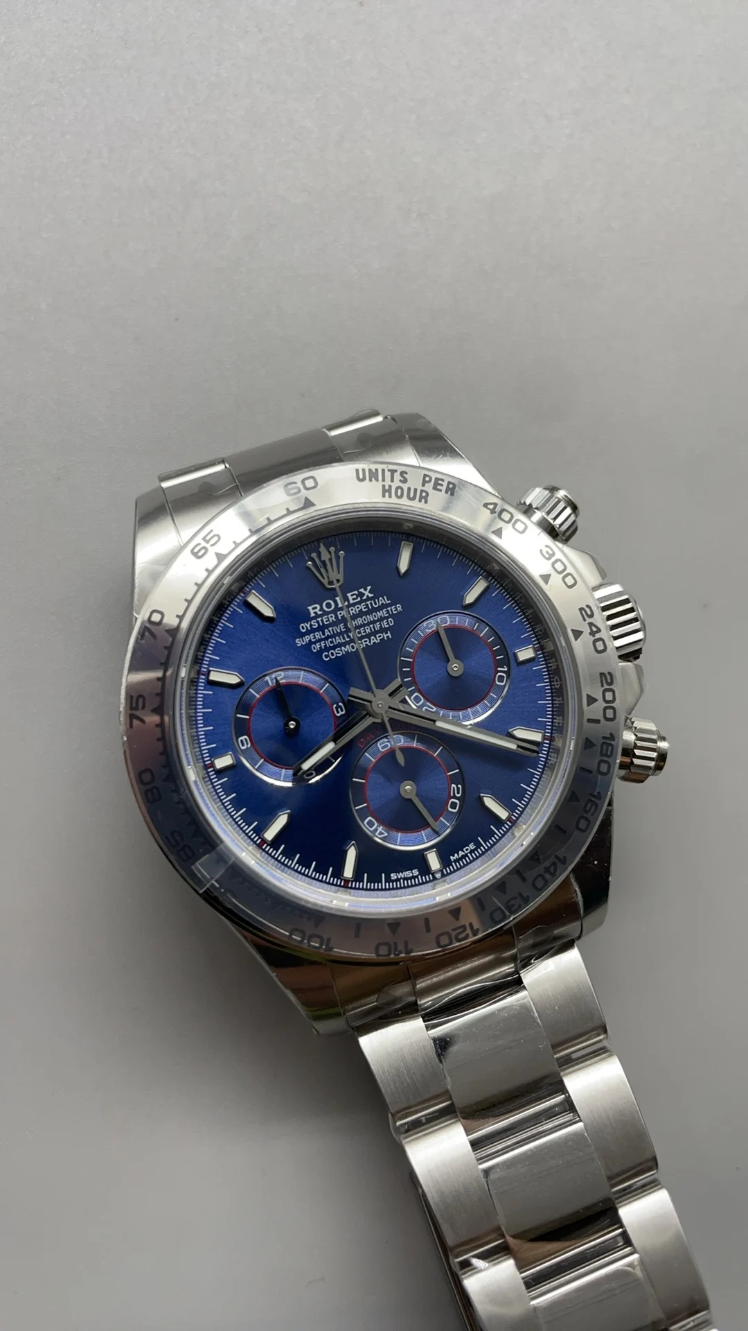 Rolex Daytona Platinum Blue Dial — photographed off the sweep
