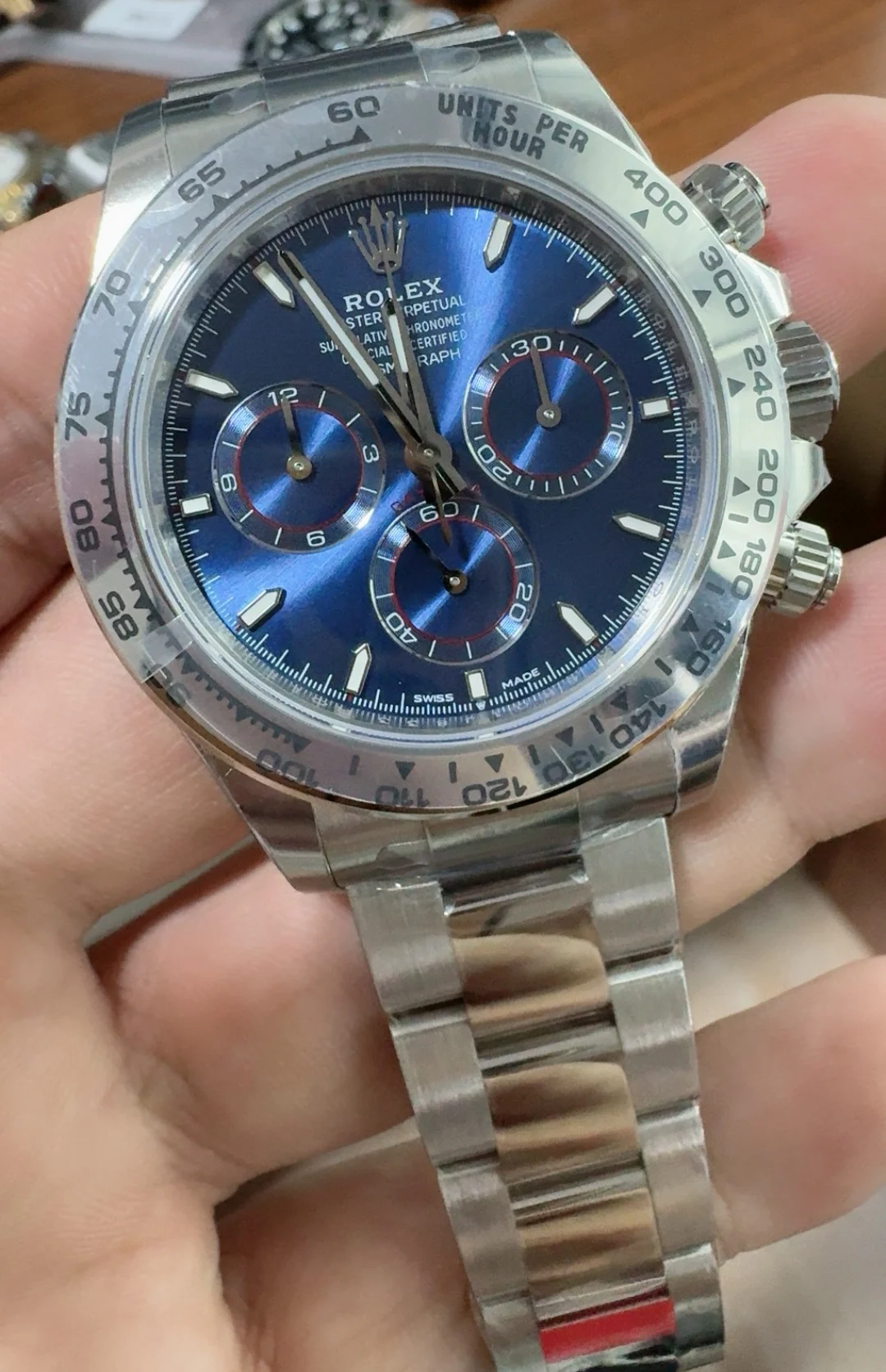 Rolex Daytona Platinum Blue Dial — photographed off the sweep