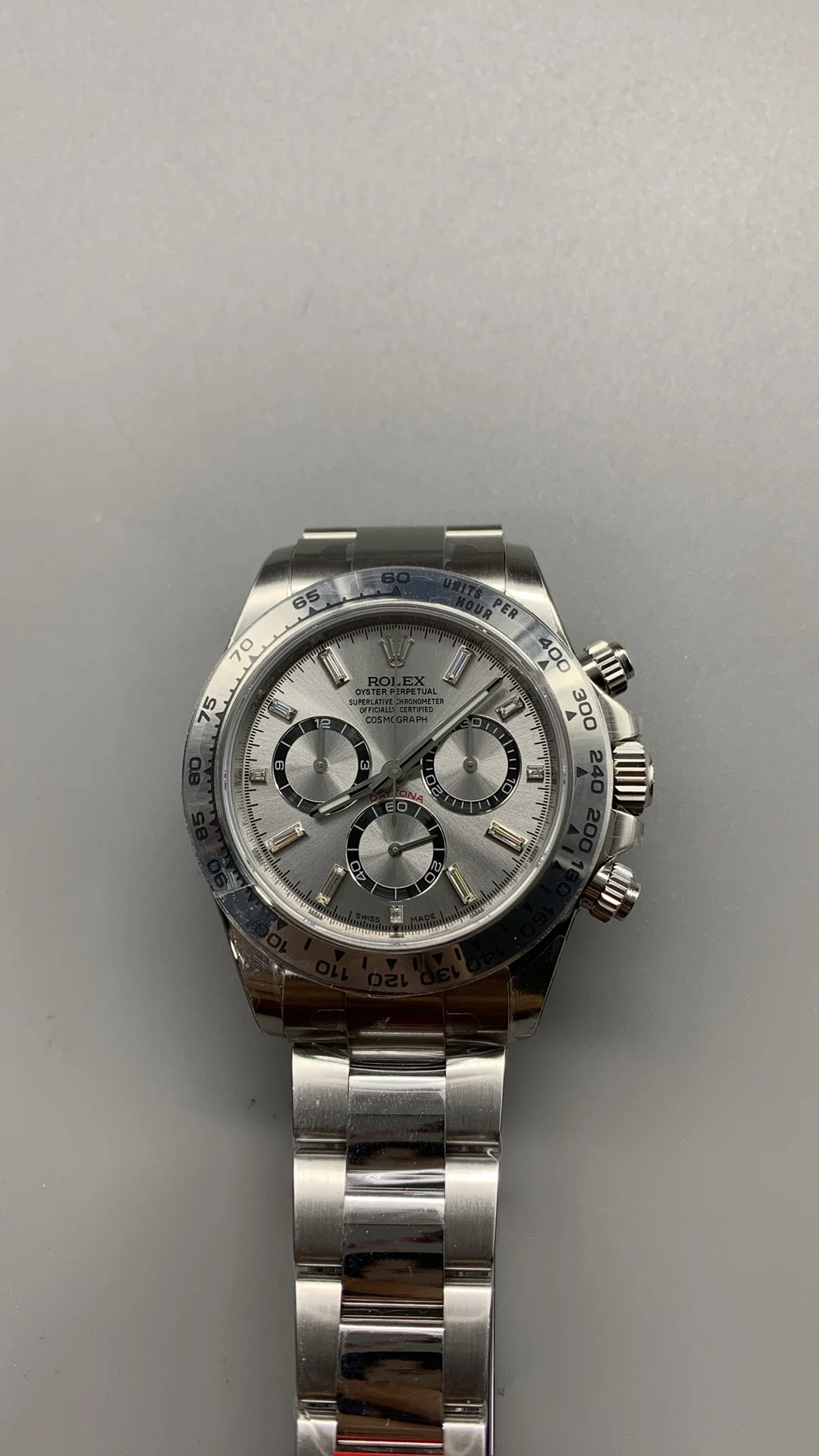 Rolex Daytona Platinum Blue Dial Diamond-Set — photographed off the sweep