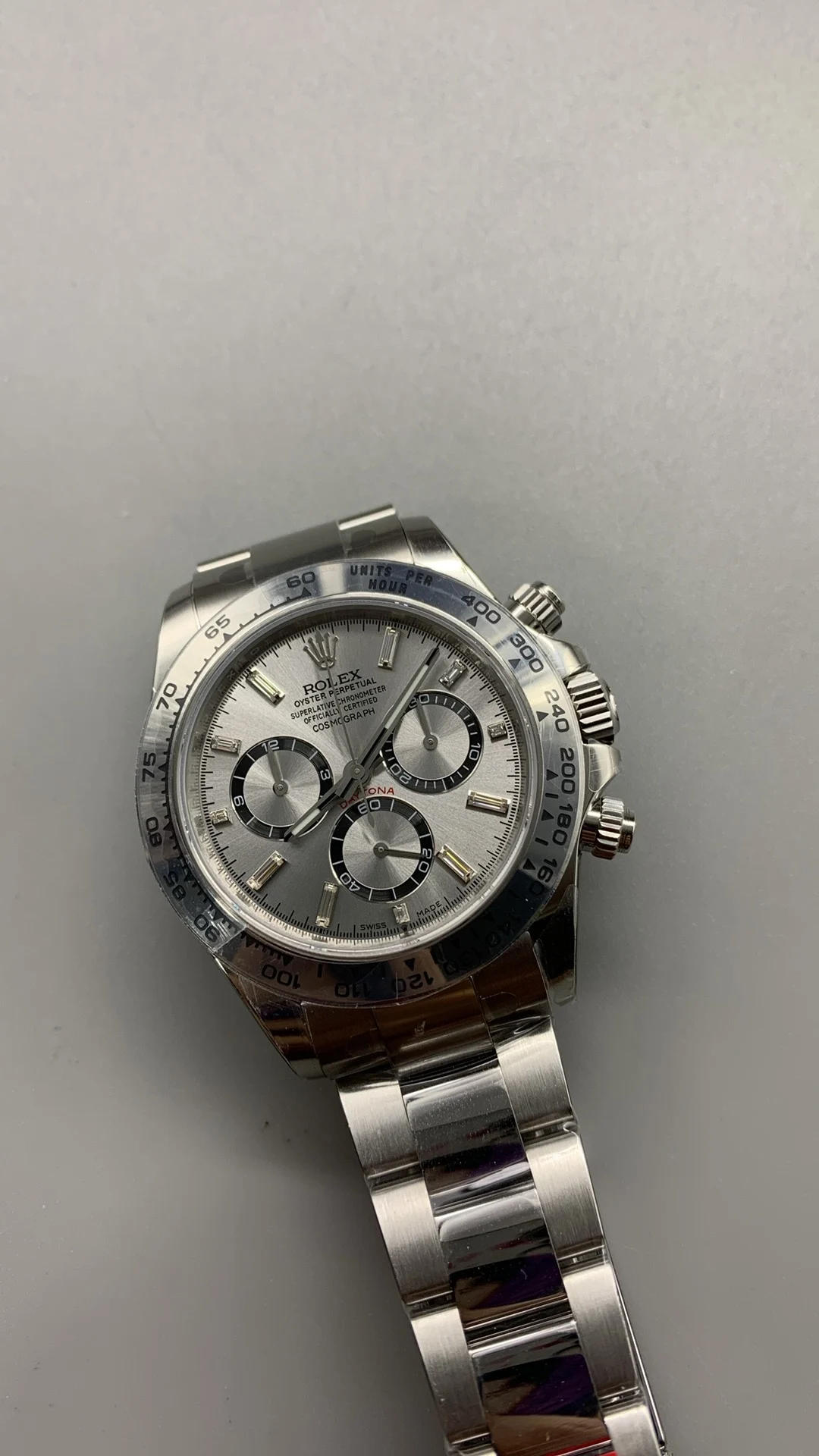 Rolex Daytona Platinum Blue Dial Diamond-Set — photographed off the sweep