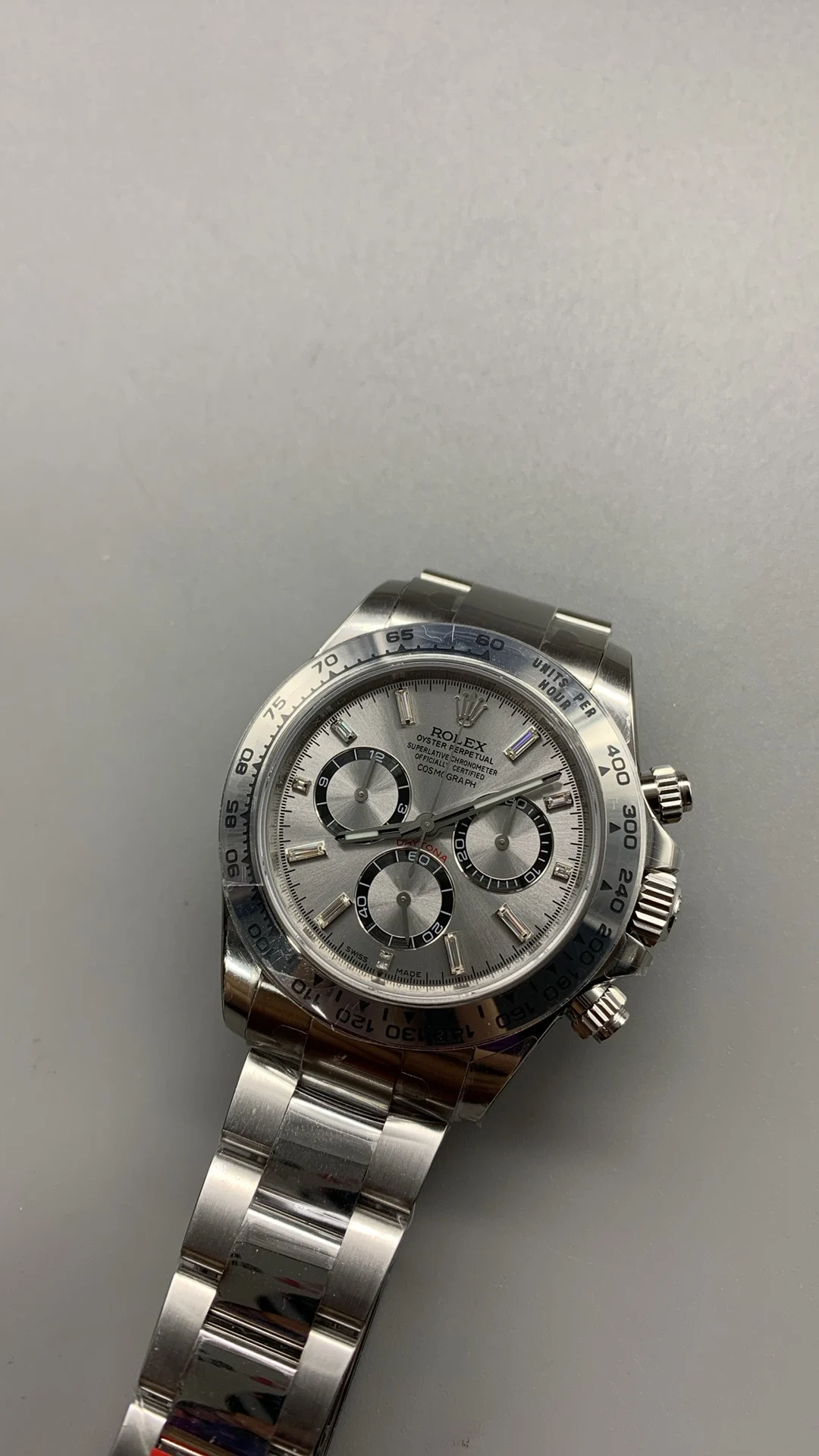 Rolex Daytona Platinum Blue Dial Diamond-Set — photographed off the sweep