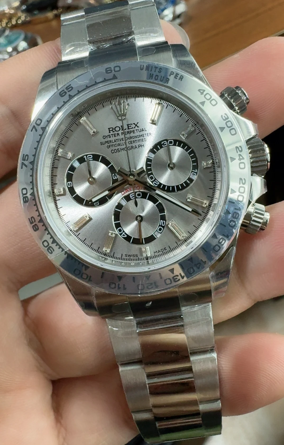 Rolex Daytona Platinum Blue Dial Diamond-Set — photographed off the sweep