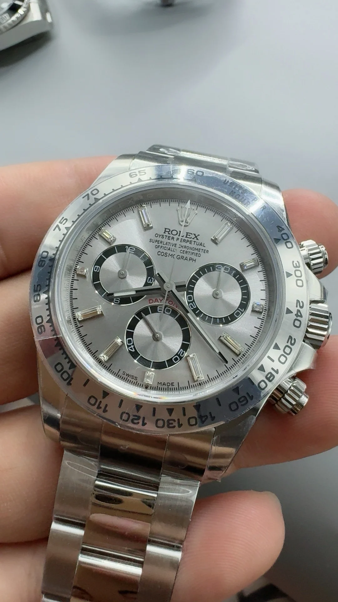 Rolex Daytona Platinum Blue Dial Diamond-Set — photographed off the sweep