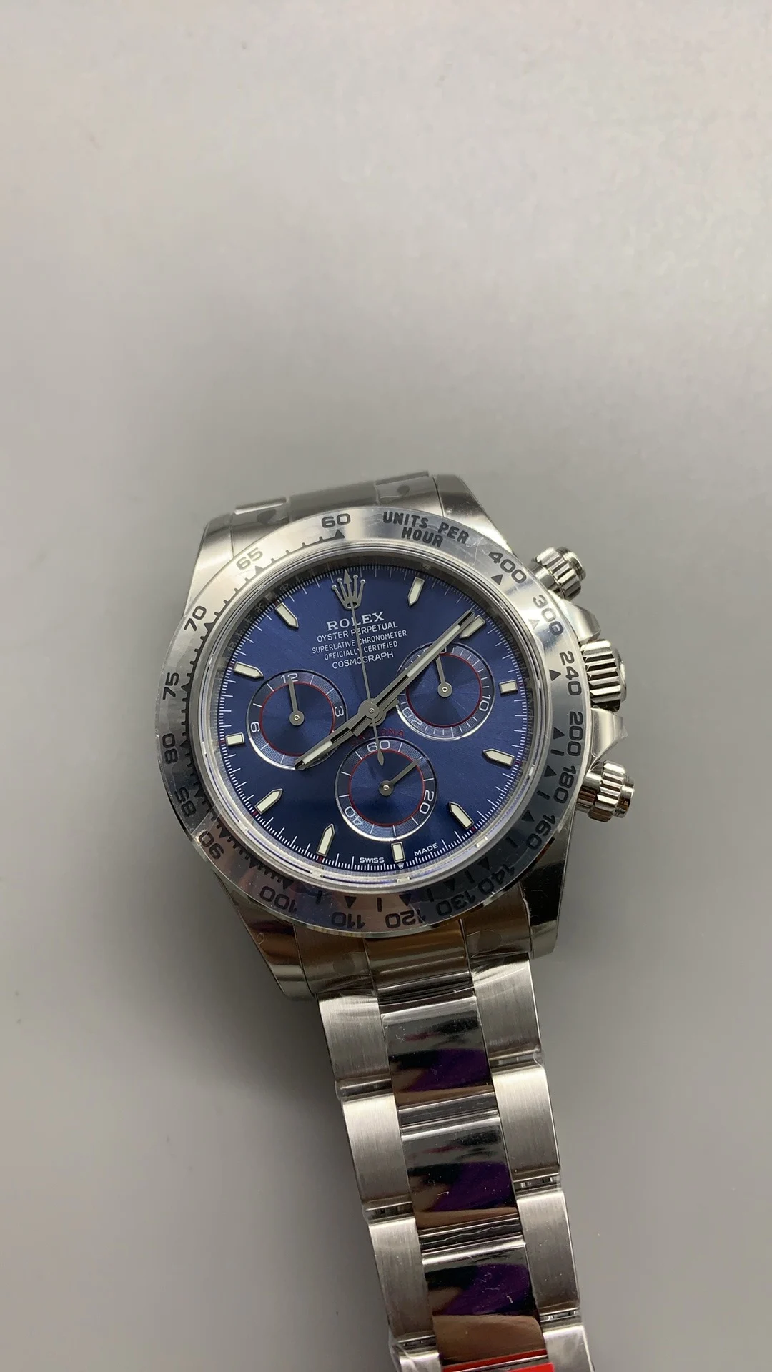 Rolex Daytona Platinum Blue Dial — photographed off the sweep