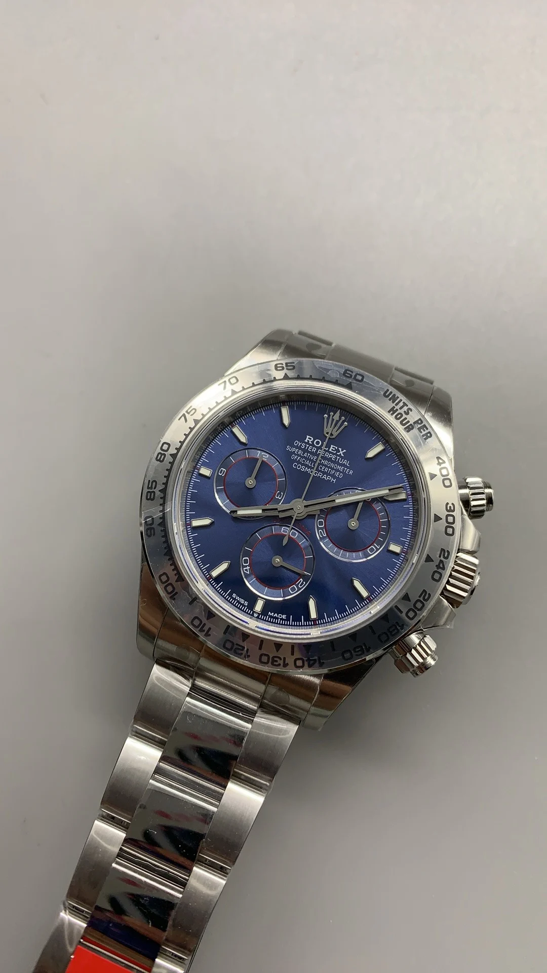 Rolex Daytona Platinum Blue Dial — photographed off the sweep