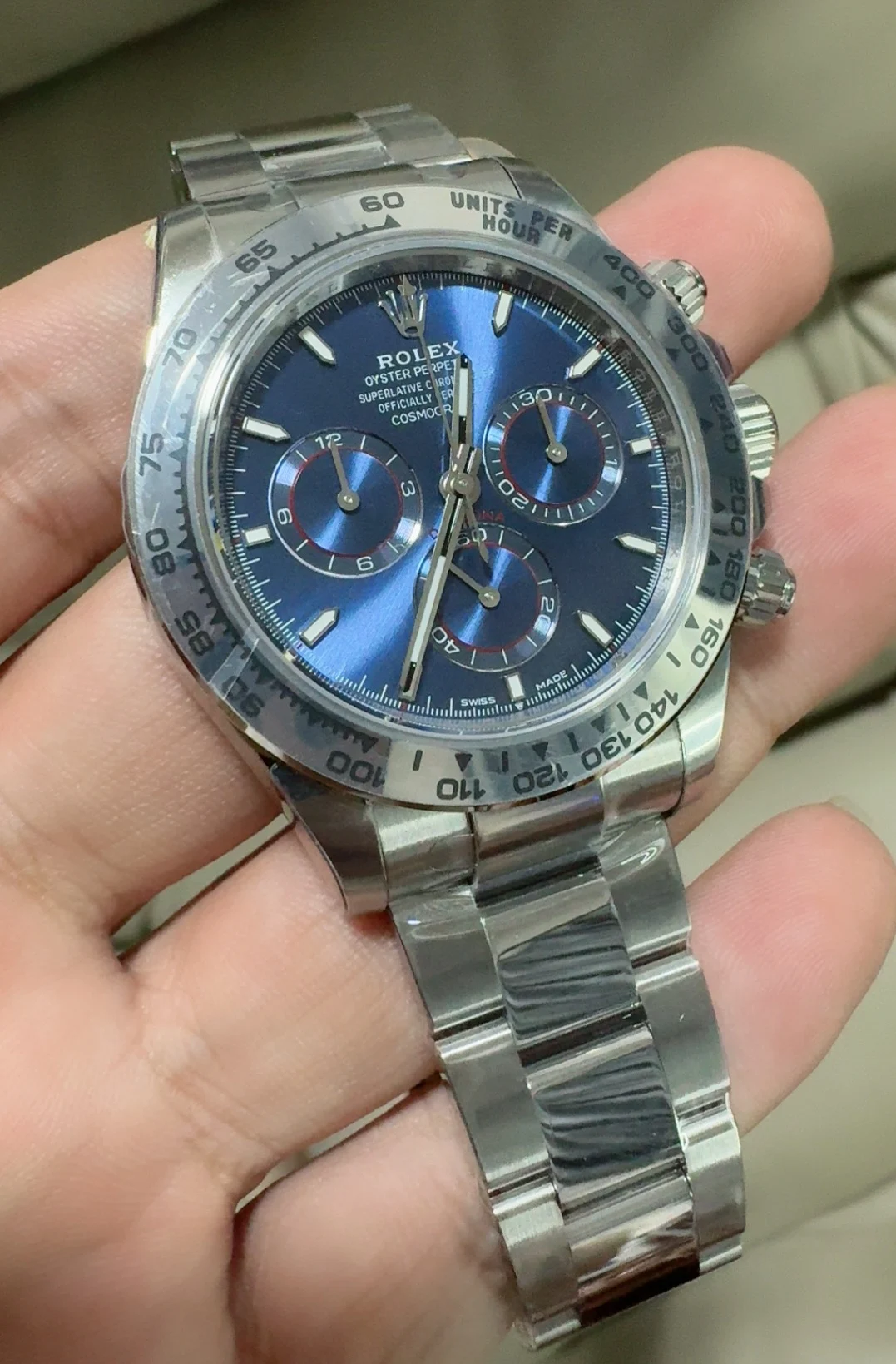 Rolex Daytona Platinum Blue Dial — photographed off the sweep