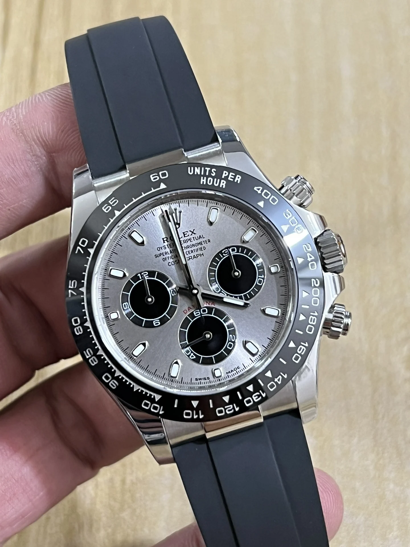 Rolex Daytona Platinum Grey Dial — photographed off the sweep