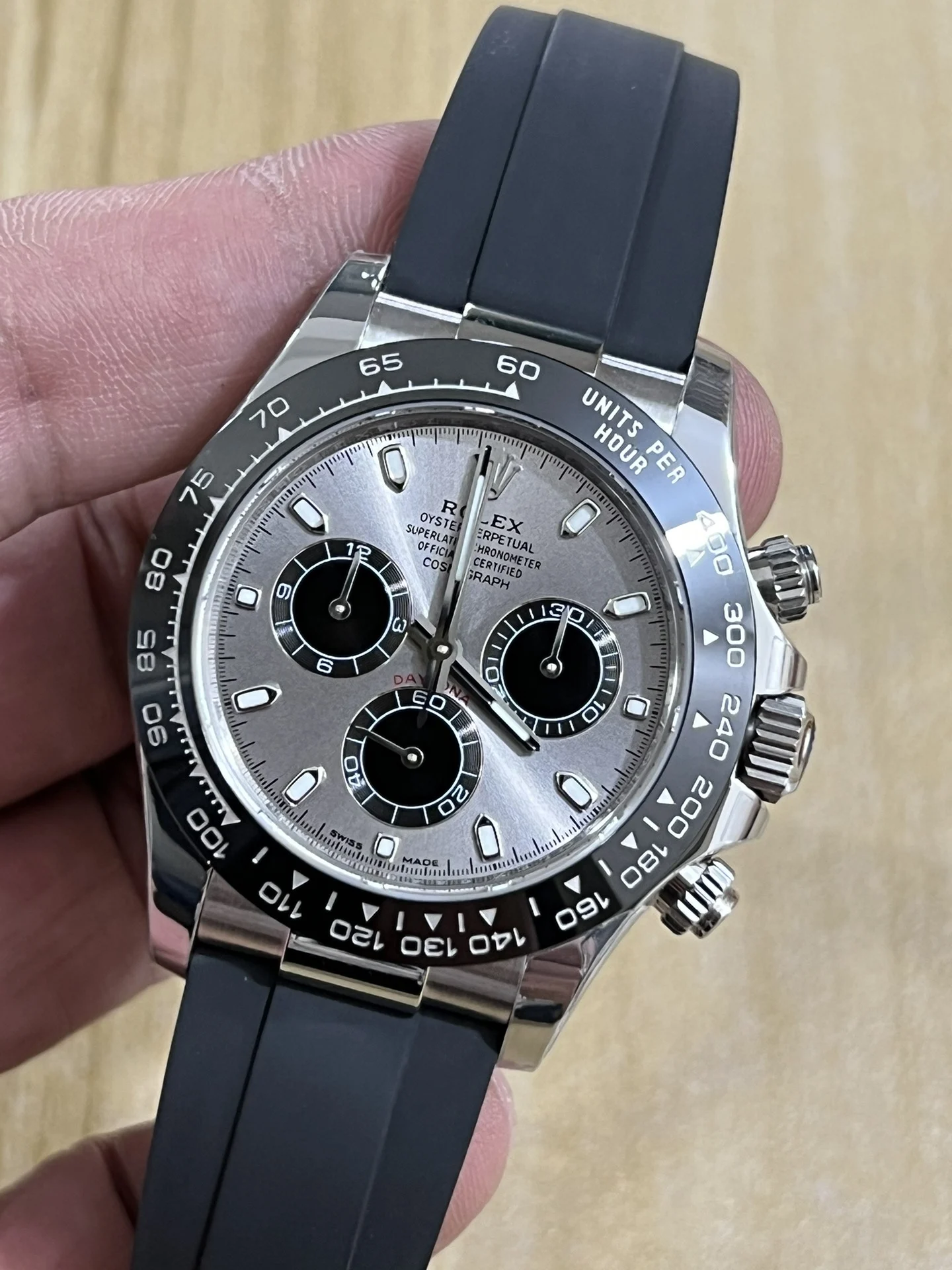 Rolex Daytona Platinum Grey Dial — photographed off the sweep