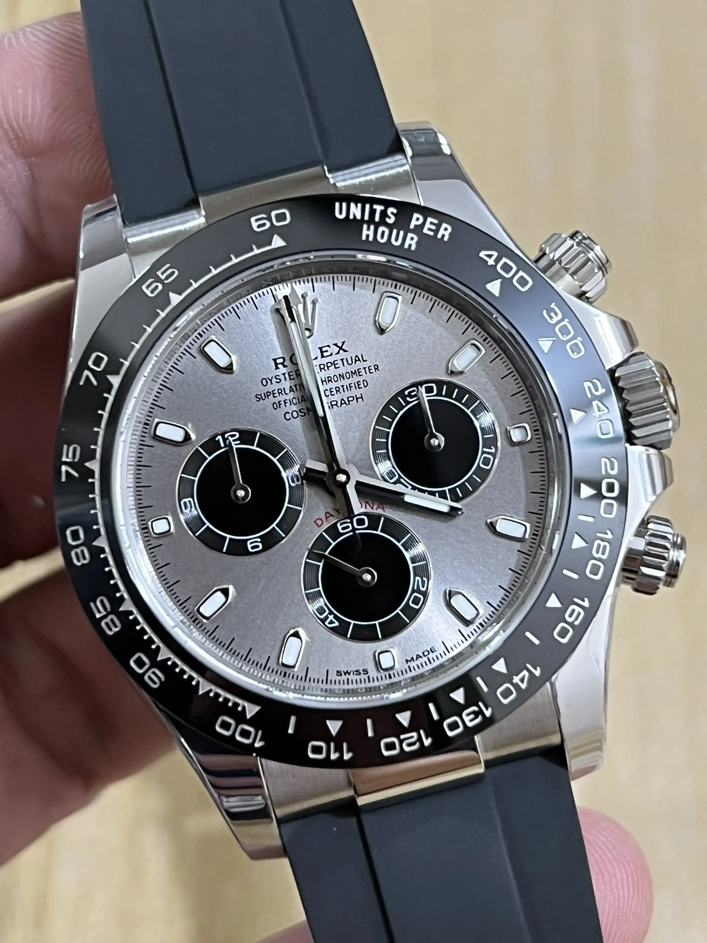 Rolex Daytona Platinum Grey Dial — photographed off the sweep