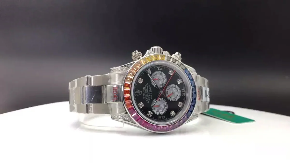 Rolex Daytona Rainbow Steel Black Dial — photographed off the sweep