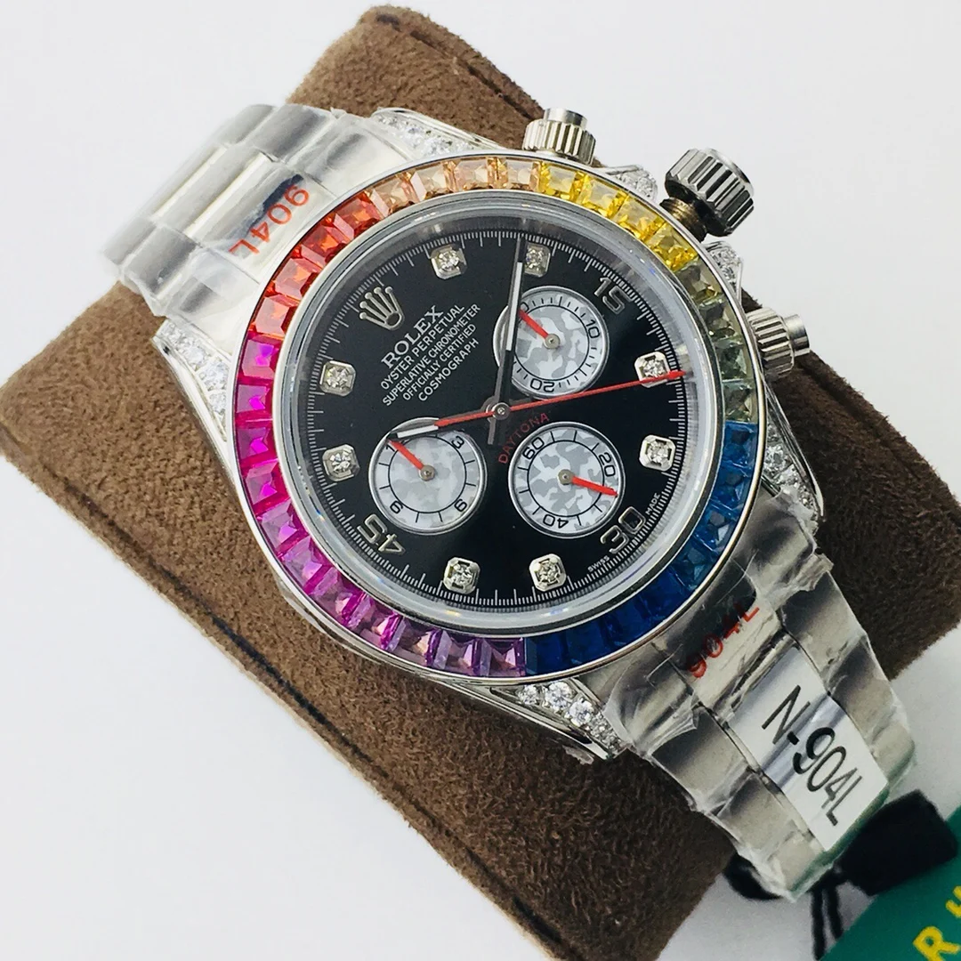 Rolex Daytona Rainbow Steel Black Dial — photographed off the sweep