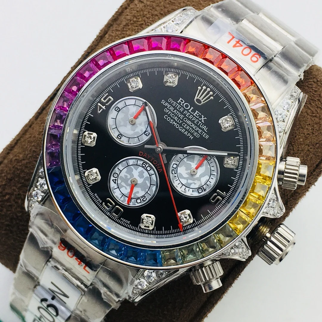 Rolex Daytona Rainbow Steel Black Dial — photographed off the sweep