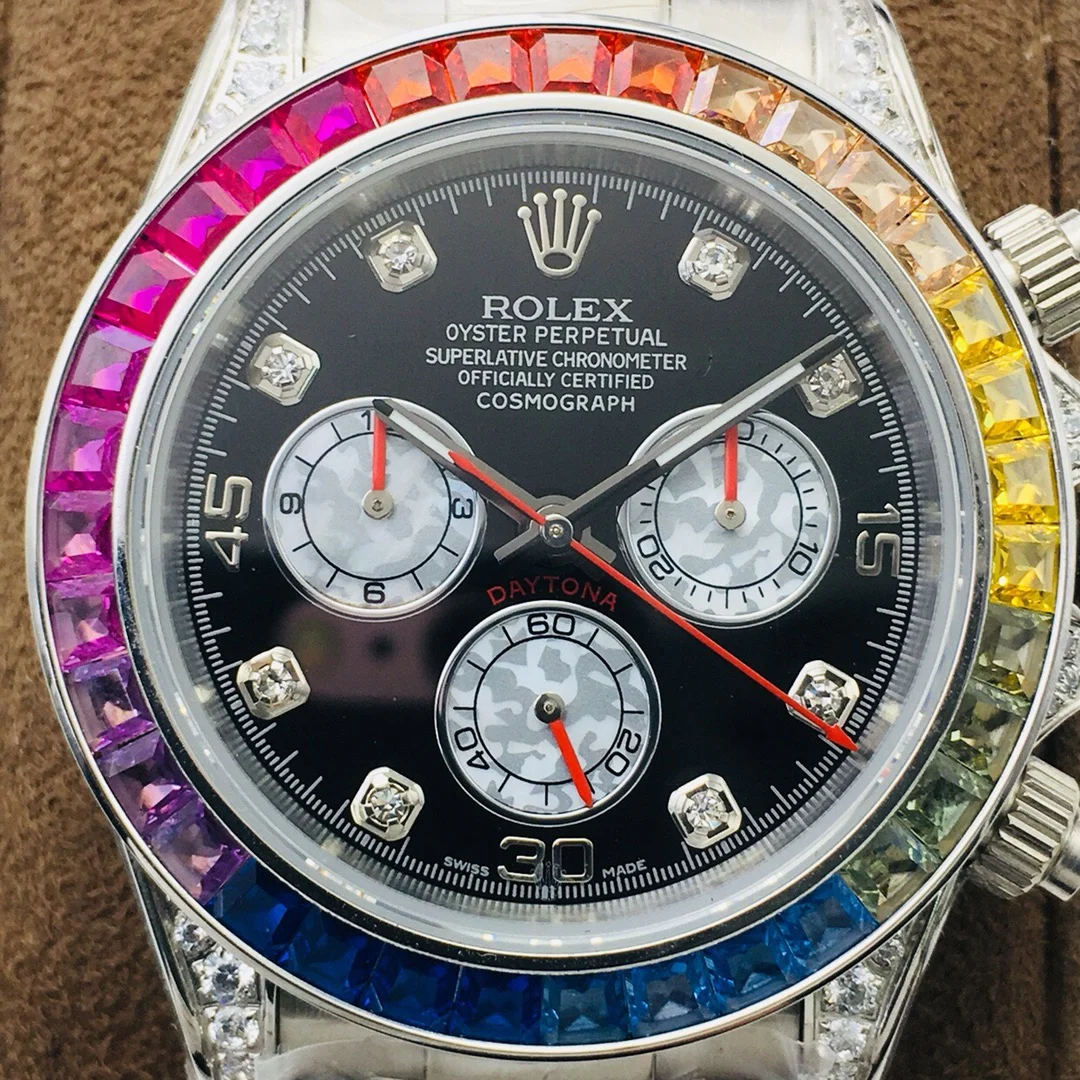 Rolex Daytona Rainbow Steel Black Dial — photographed off the sweep
