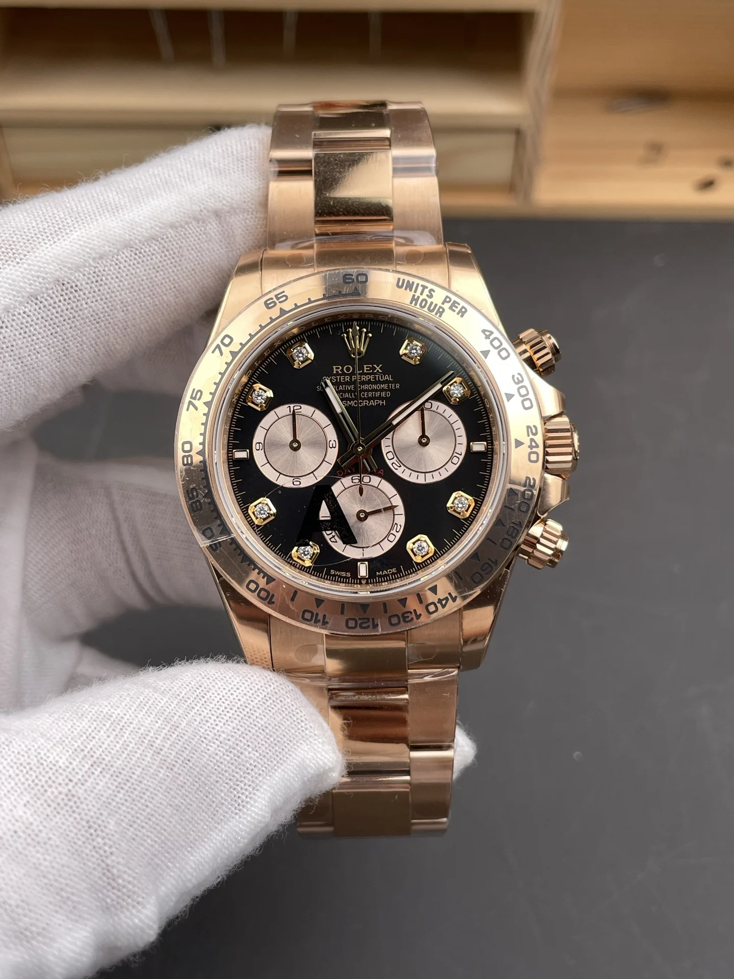 Rolex Daytona Rose Gold Black Dial Diamond-Set 40mm — photographed off the sweep