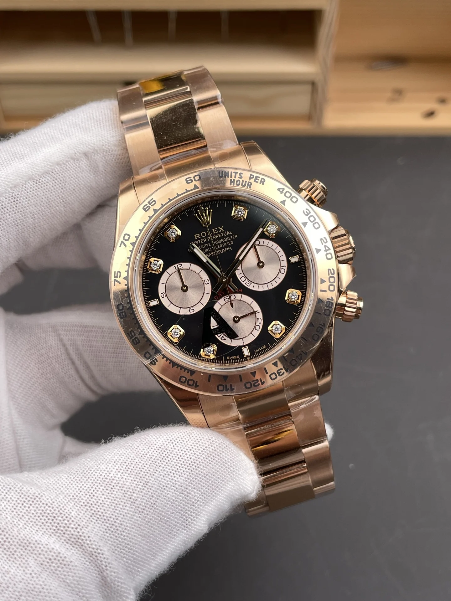 Rolex Daytona Rose Gold Black Dial Diamond-Set 40mm — photographed off the sweep