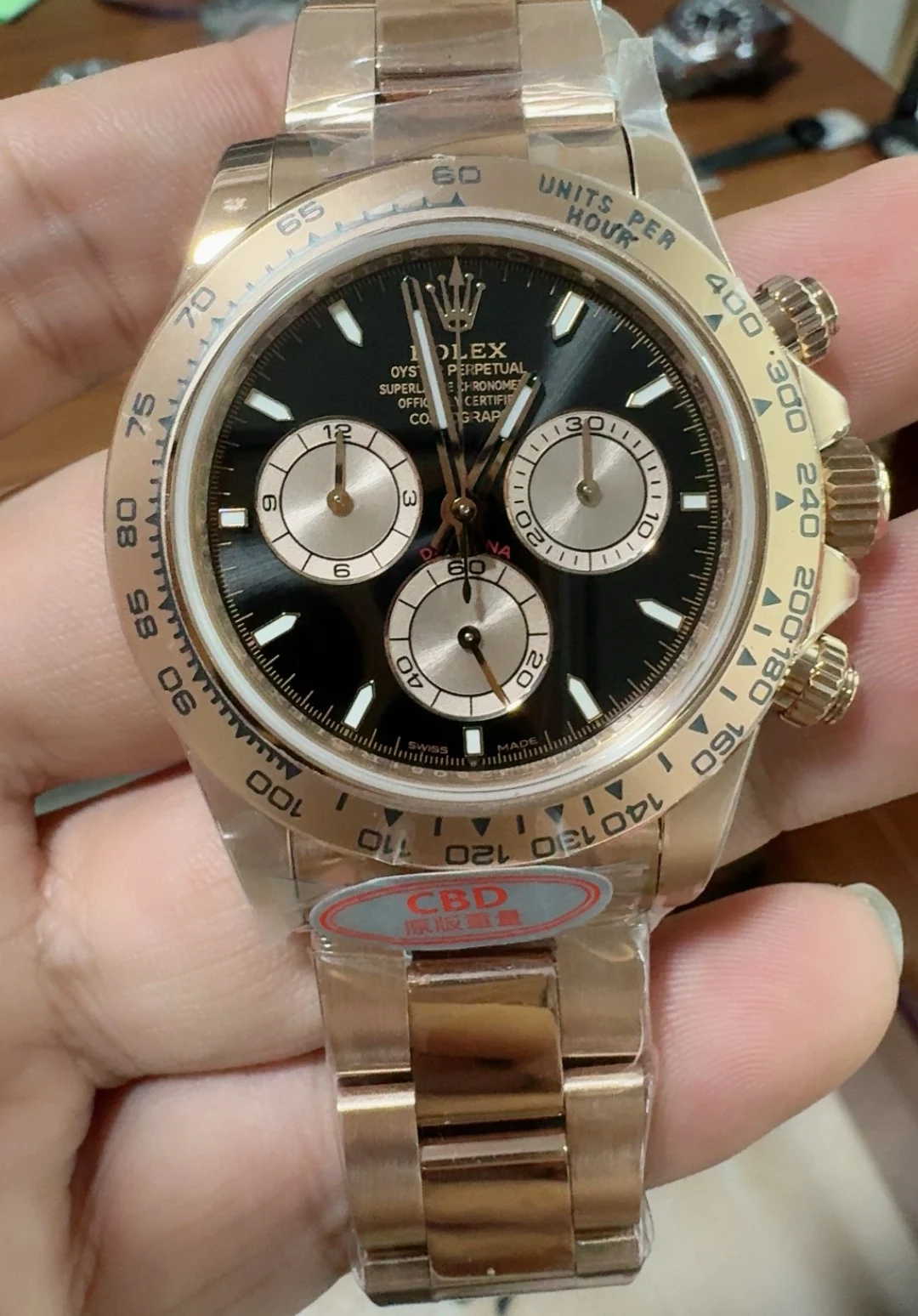 Rolex Daytona Rose Gold Black Dial β photographed off the sweep