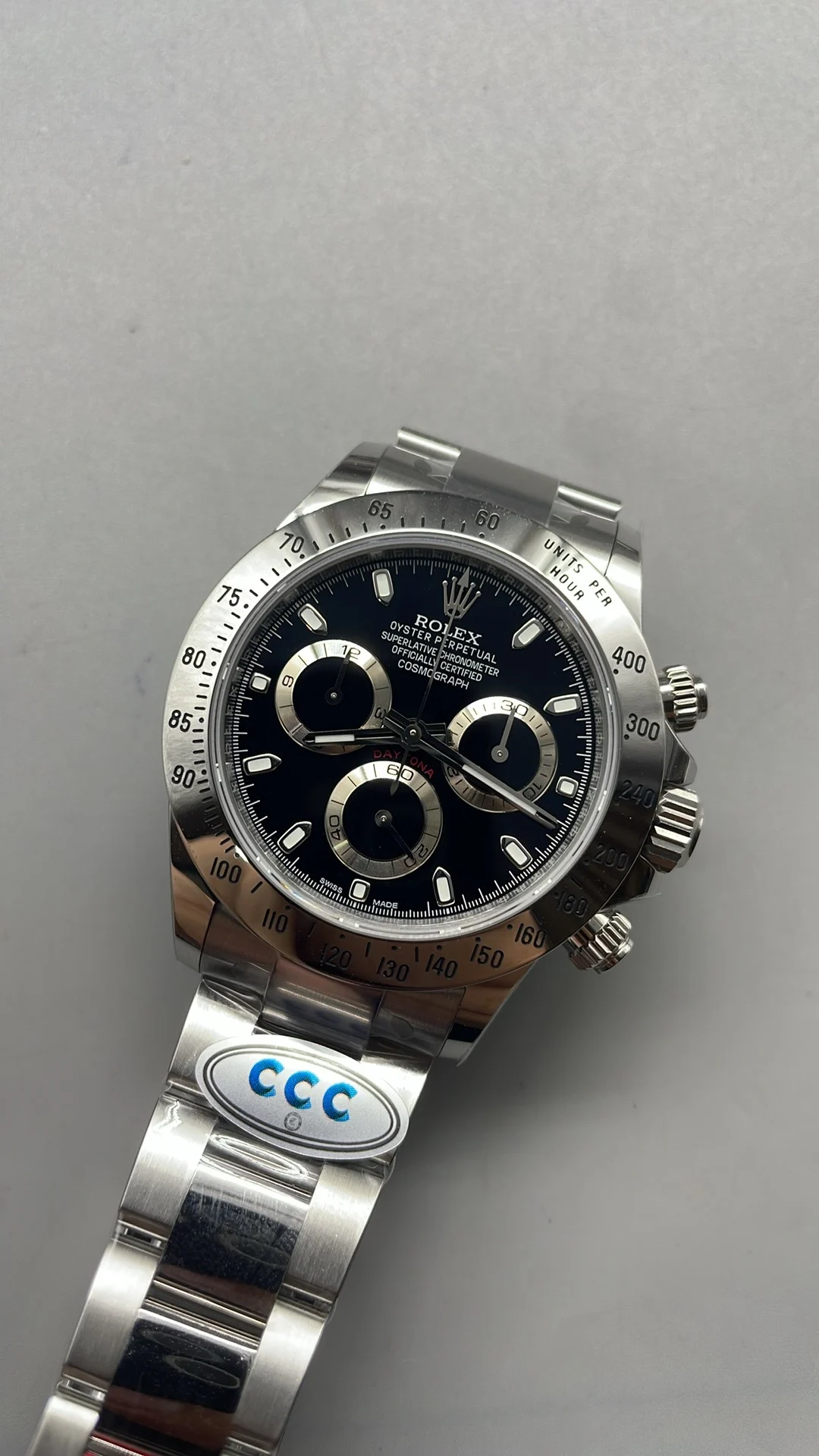 Rolex Daytona Steel Black Dial — photographed off the sweep