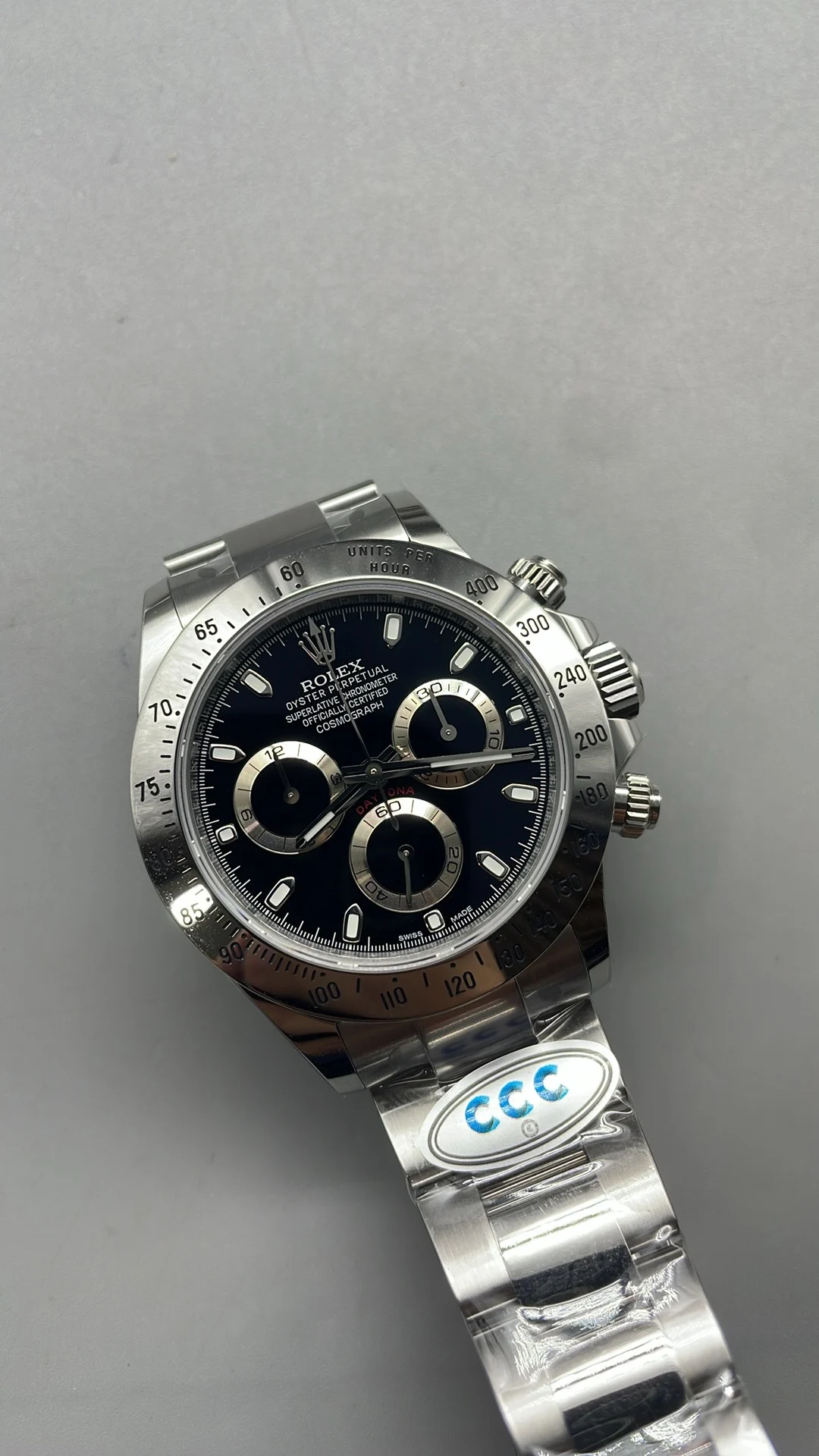Rolex Daytona Steel Black Dial — photographed off the sweep