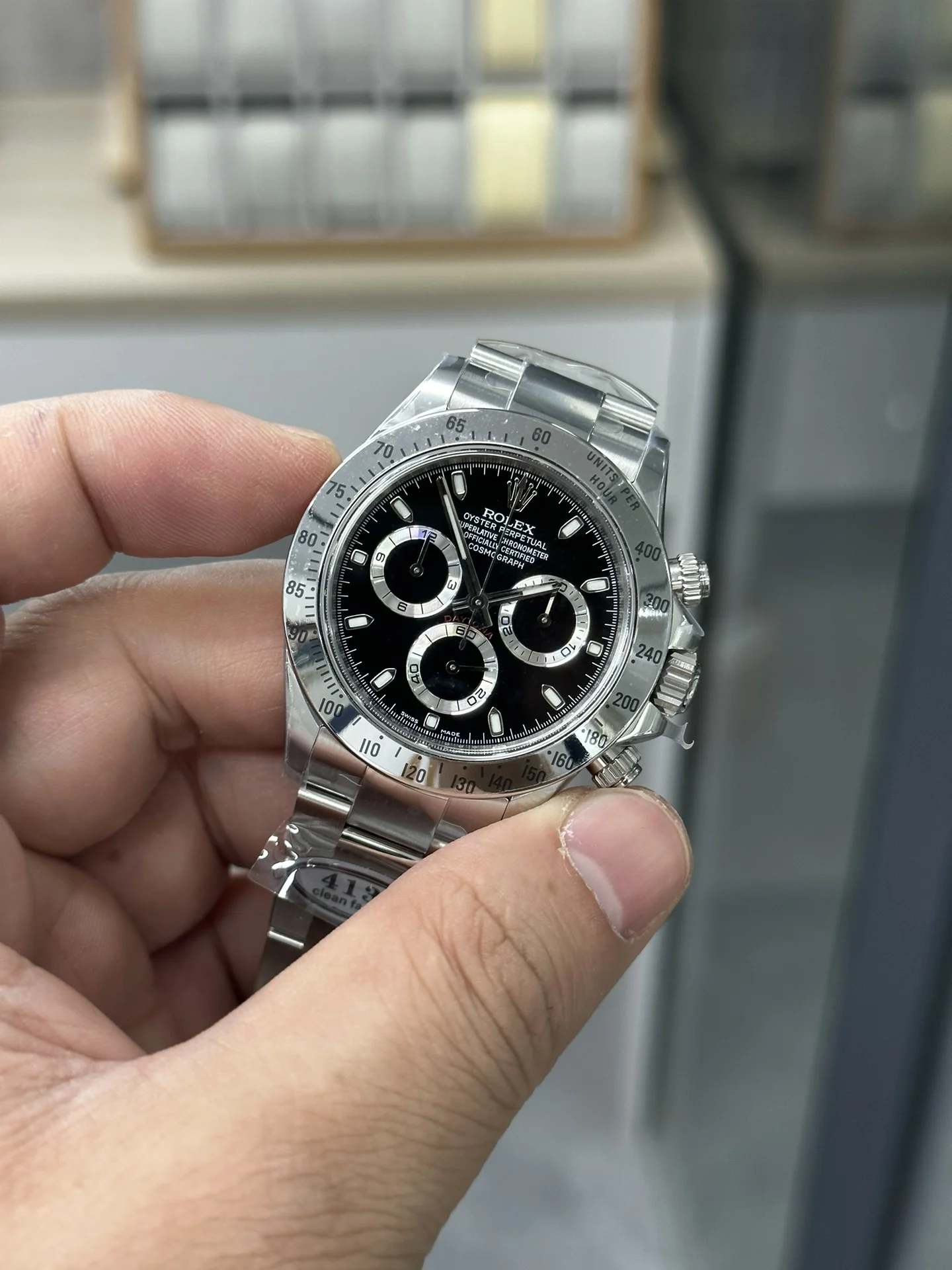 Rolex Daytona Steel Black Dial — photographed off the sweep