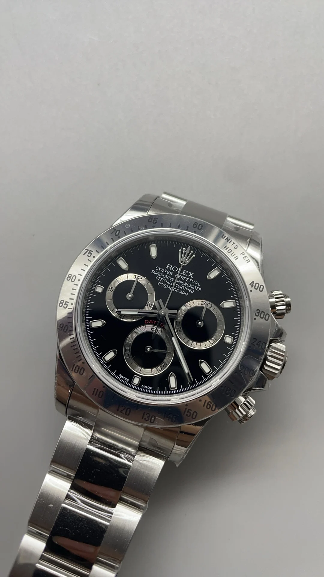 Rolex Daytona Steel Black Dial — photographed off the sweep